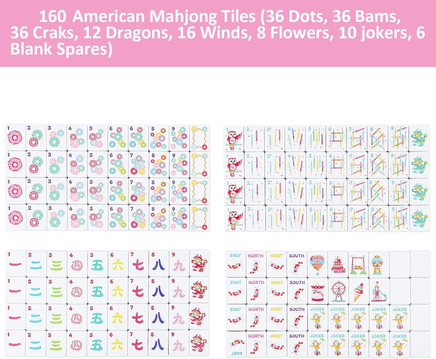 160 Pink American Printed Mahjong Game Set with Carrying Bag and Accessories, 1.
