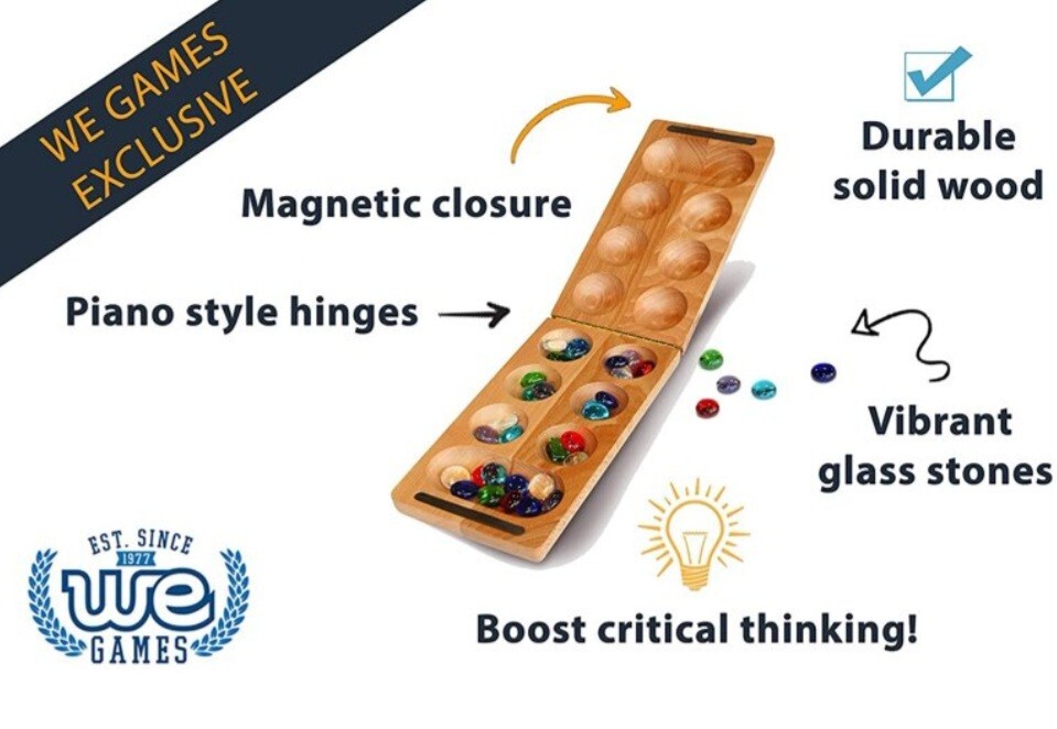 WE Games Folding Mancala – Solid Wood Board Game & Glass Stones