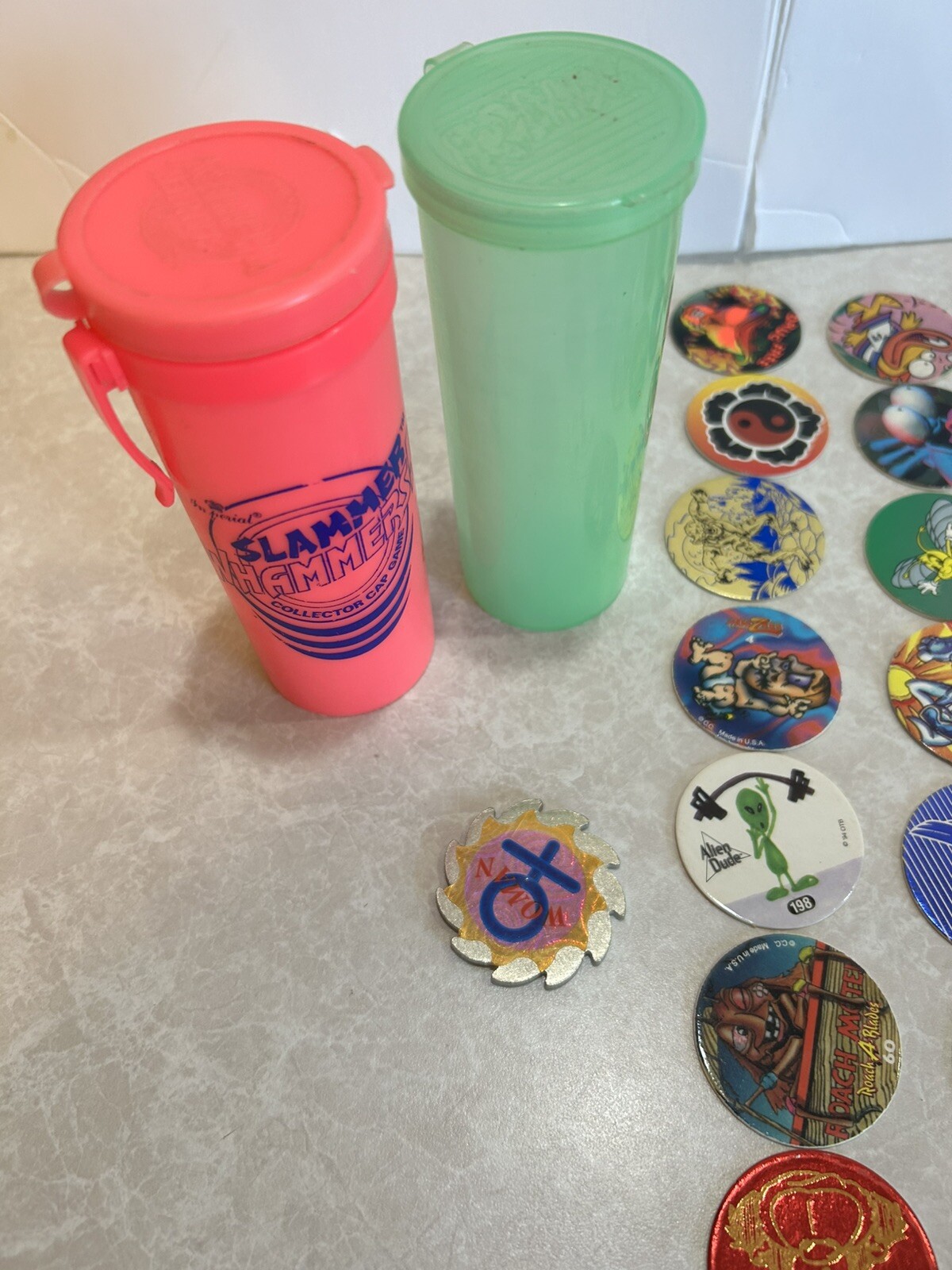Pog Lot. 156 Pogs. Vintage 90s. 1 Slammer. 2 Plastic Containers