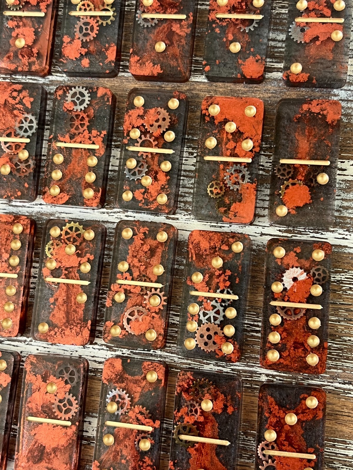Old World Steampunk Resin Dominoes Game with Velvet Bag 28 pieces Handmade Gift