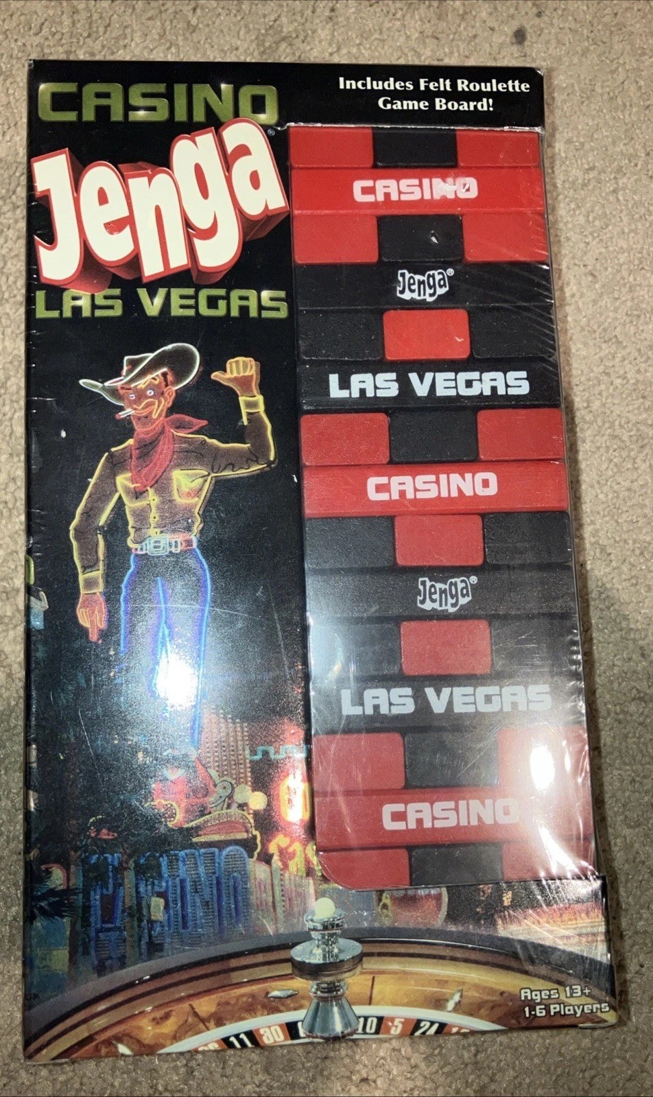 Jenga Casino Las Vegas Game with Betting Chips + Felt Roulette Board NIP Sealed