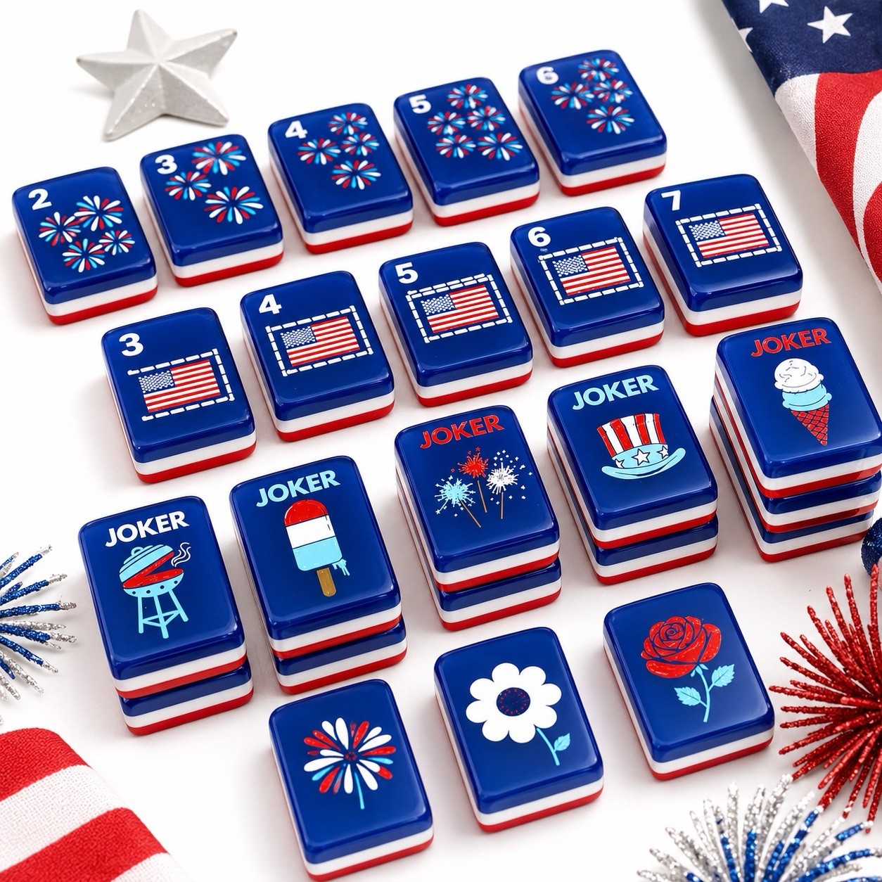 New! Patriotic Red White & Blue Mahjong Tile Set w/ Joker Tiles