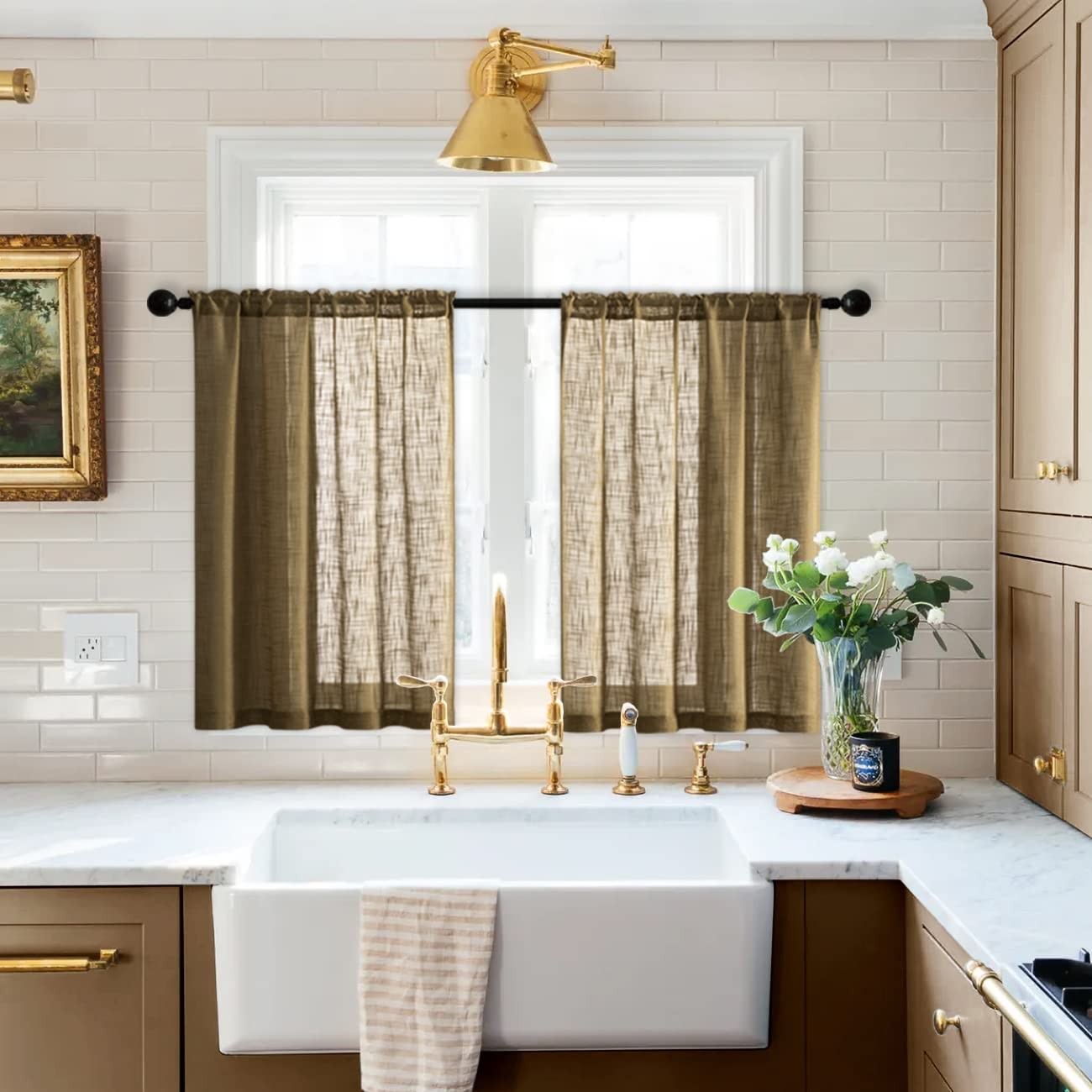 XTMYI Brown Kitchen Curtains for Windows Sets of 25″W x 30″L (Pack 2), Tan
