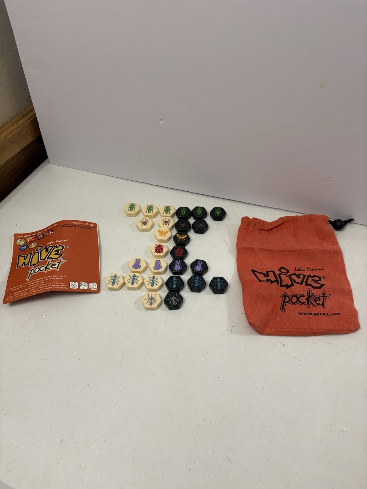 Hive Pocket Board Game Complete Set of 26 Tiles Travel Pouch Mosquito & Ladybug