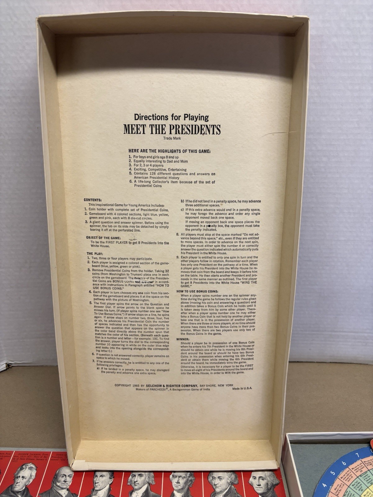 MEET THE PRESIDENTS 1965 QUIZ GAME, COMPLETE, SELCHOW & RIGHTER CO.