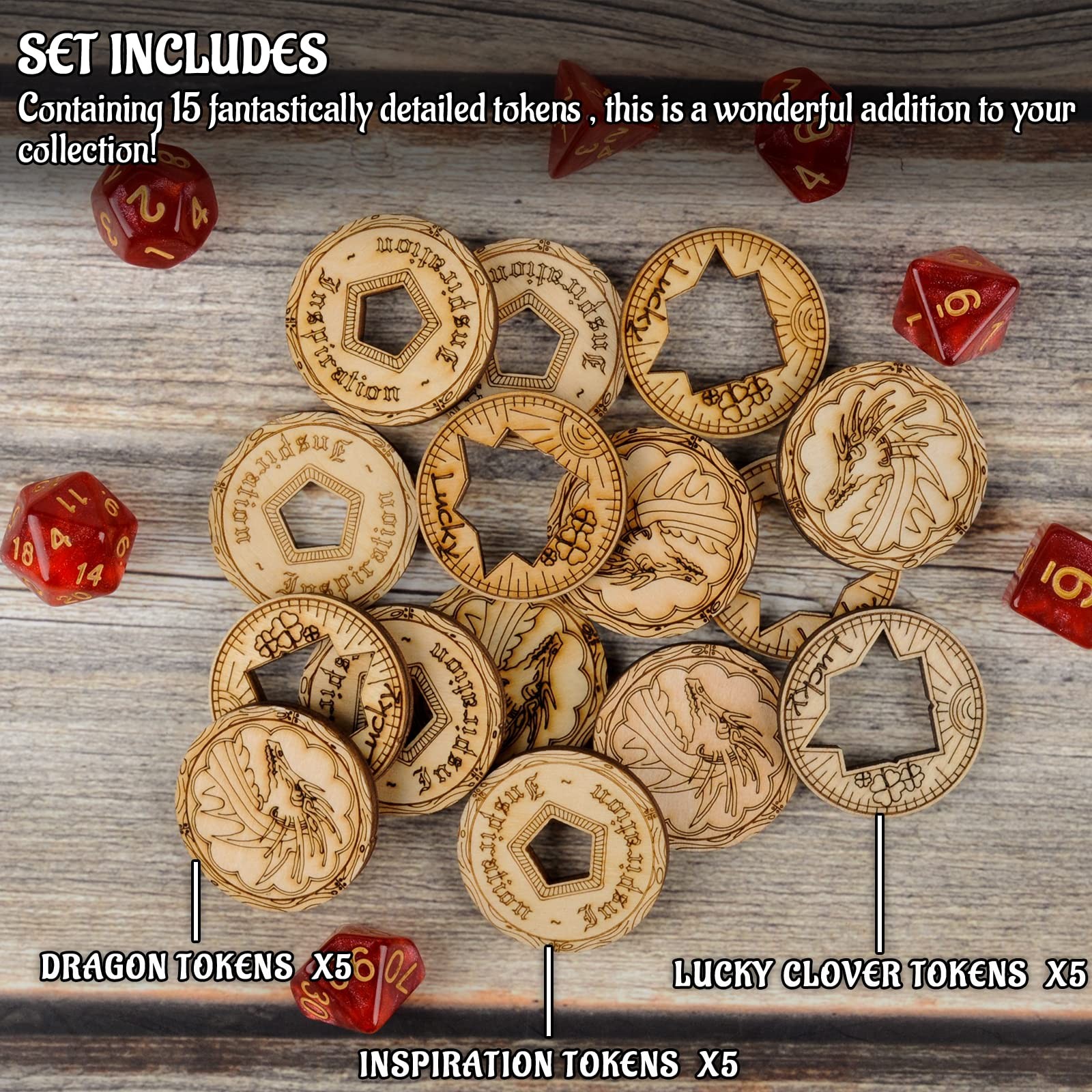 DND Tokens Laser Cut Wood Coins Set of 15 in 3 Styles – Lucky 1.35 inches