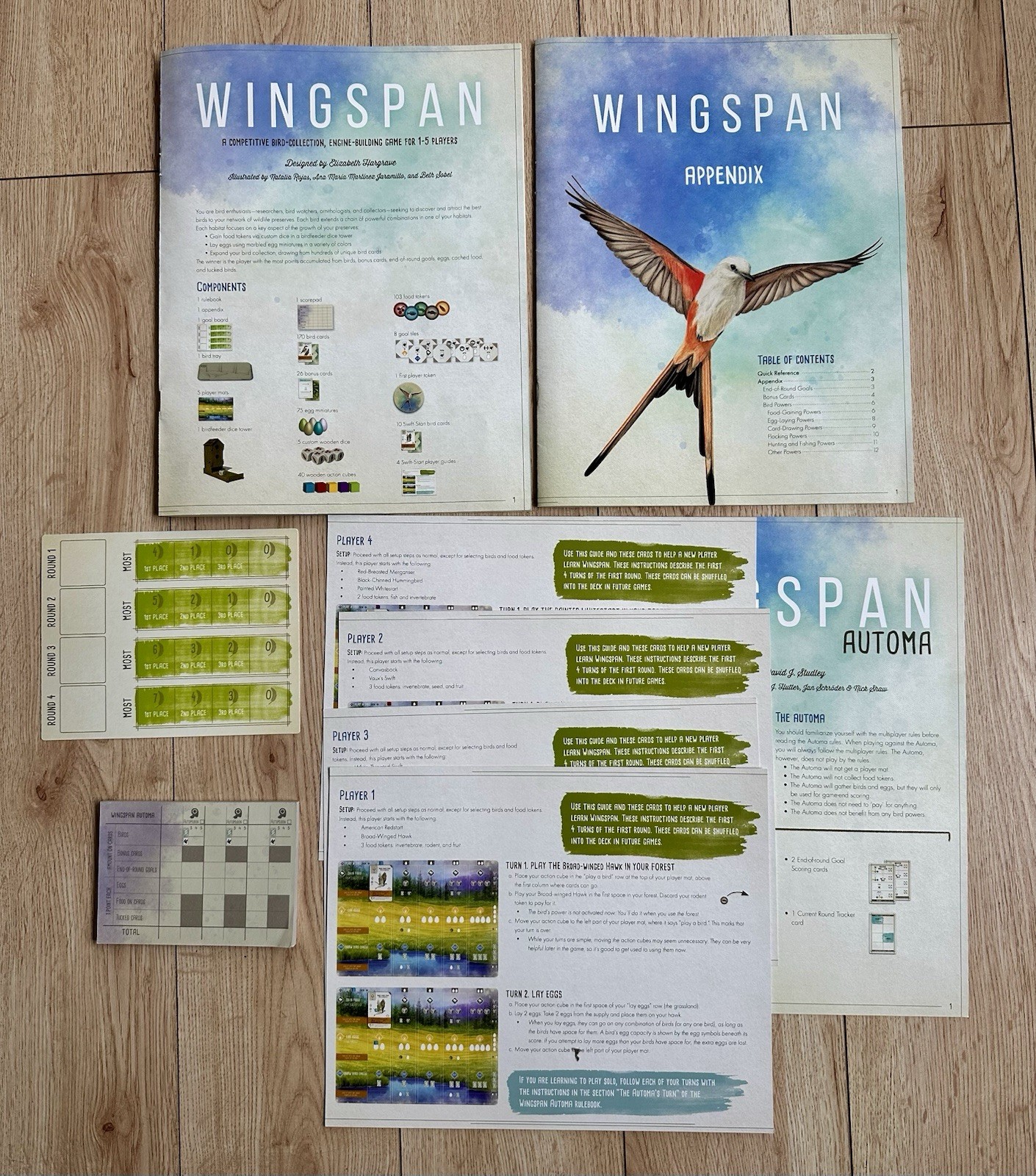 WINGSPAN BOARD GAME 4 SWIFT START Rulebook PLAYER GUIDES Scorepad Goal Board