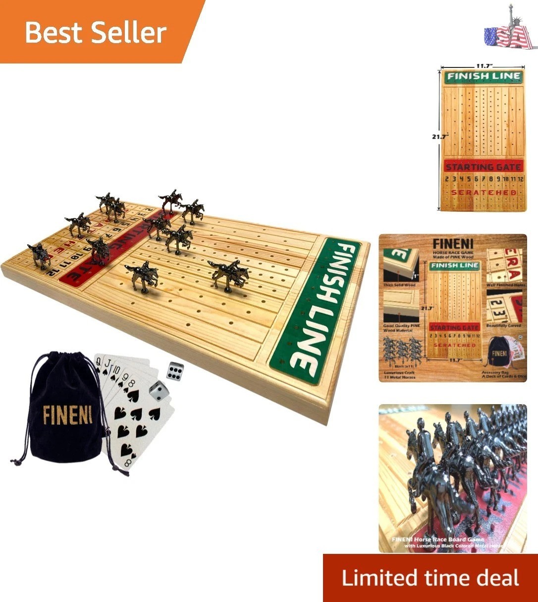 Horse Racing Board Game with Luxurious Durable Metal Horses, 11 Pieces, Black…