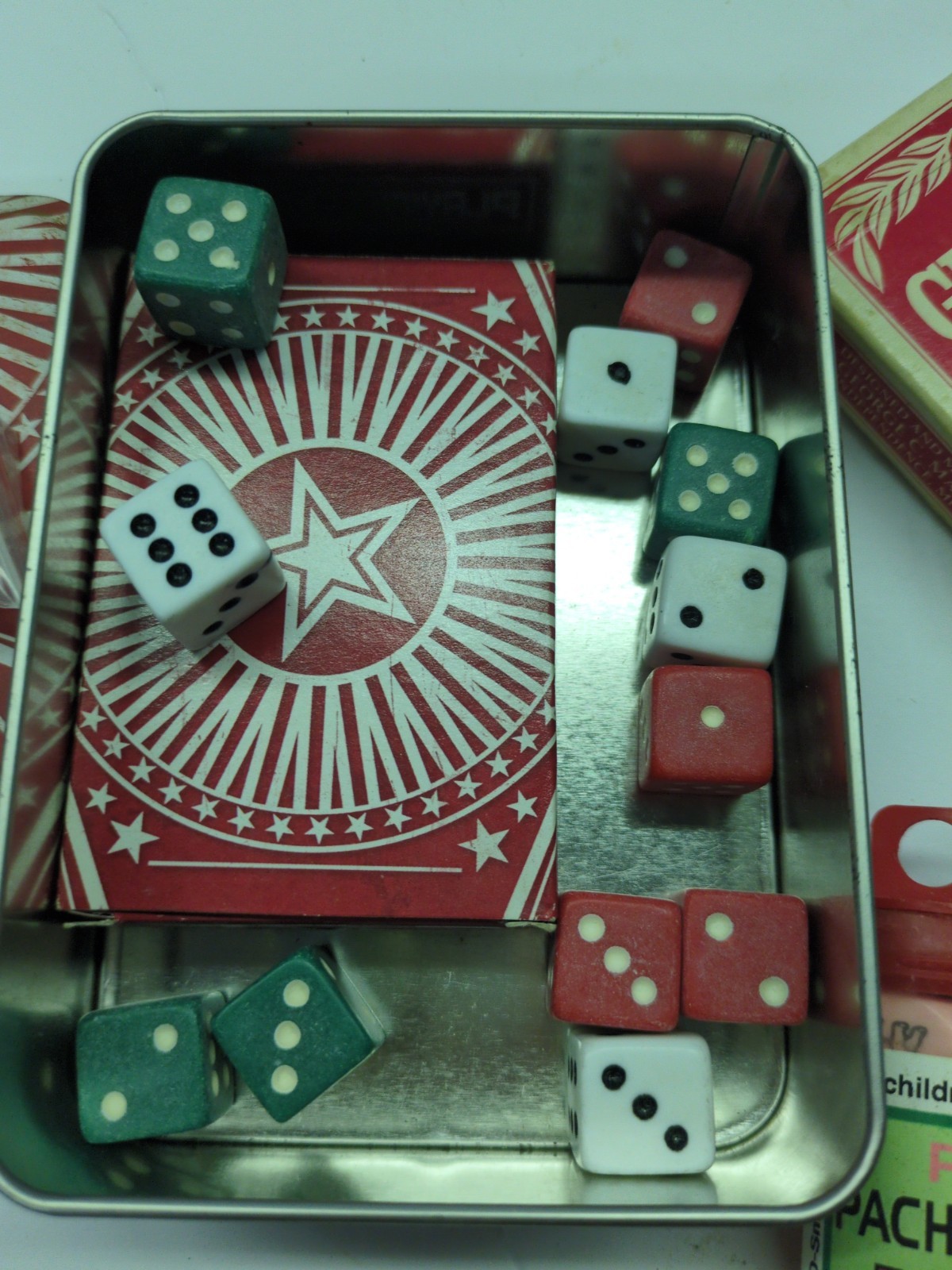 Vintage PhilipMorris Poker Tin w/ Cards, Poker Dice + Pachyderm Poker& LCR Game