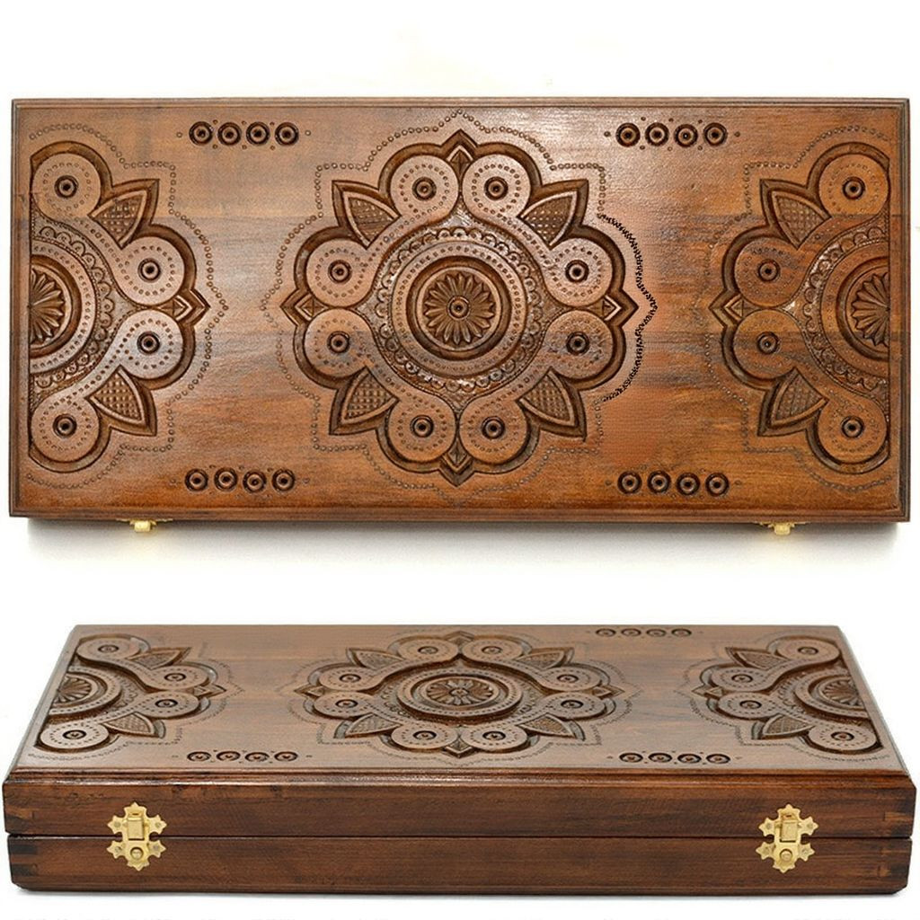 Handmade Wooden Backgammon Set “Sphere” – 17.7 in Carved Board
