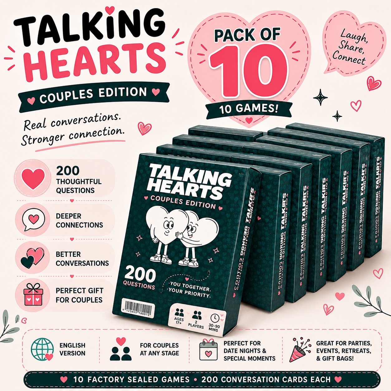 10 Pack Talking Hearts Couple Edition Conversation Cards Party Favors Date Night