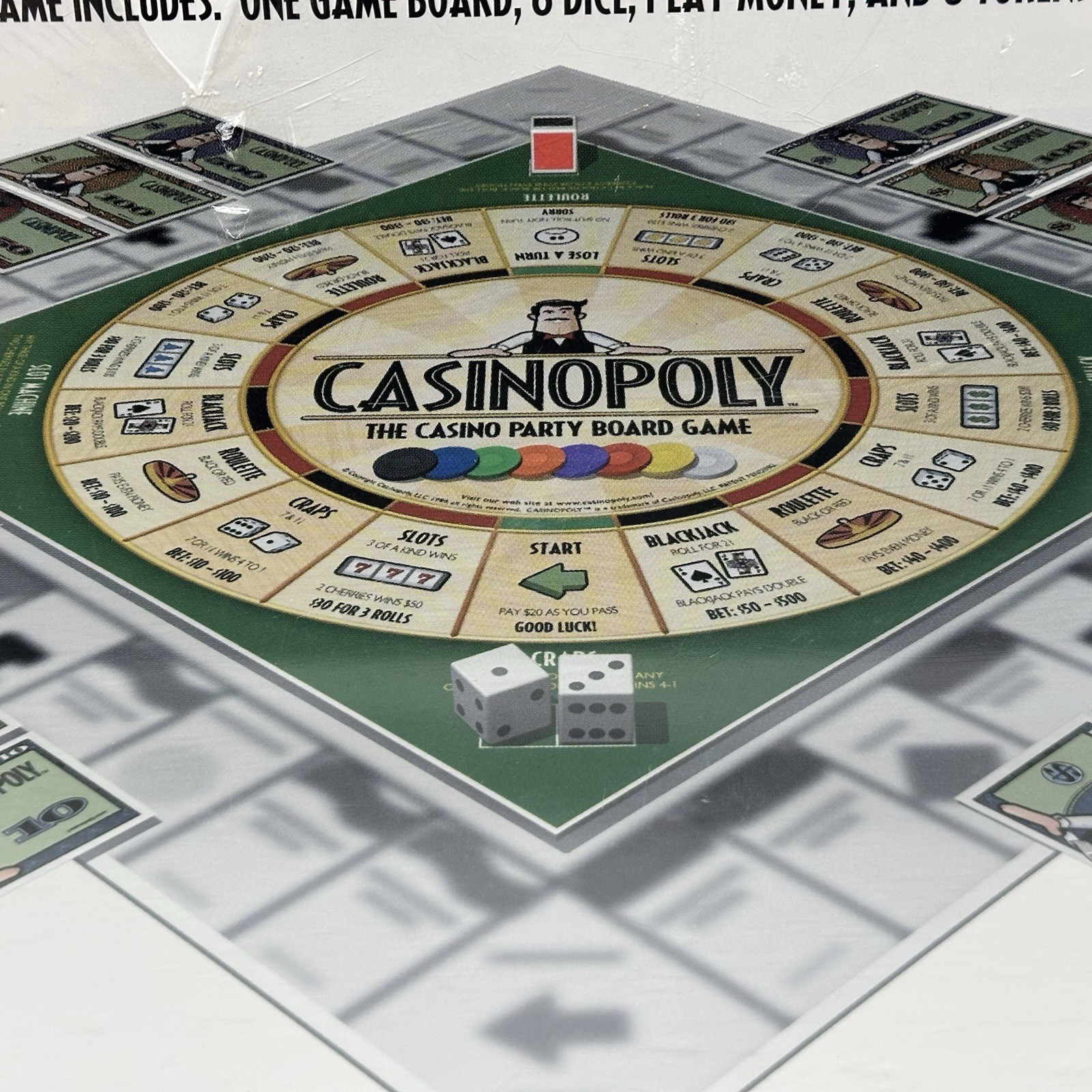 CASINOPOLY Casino Party Board Game 2001 Blackjack Craps Slots Roulette Ages 12+