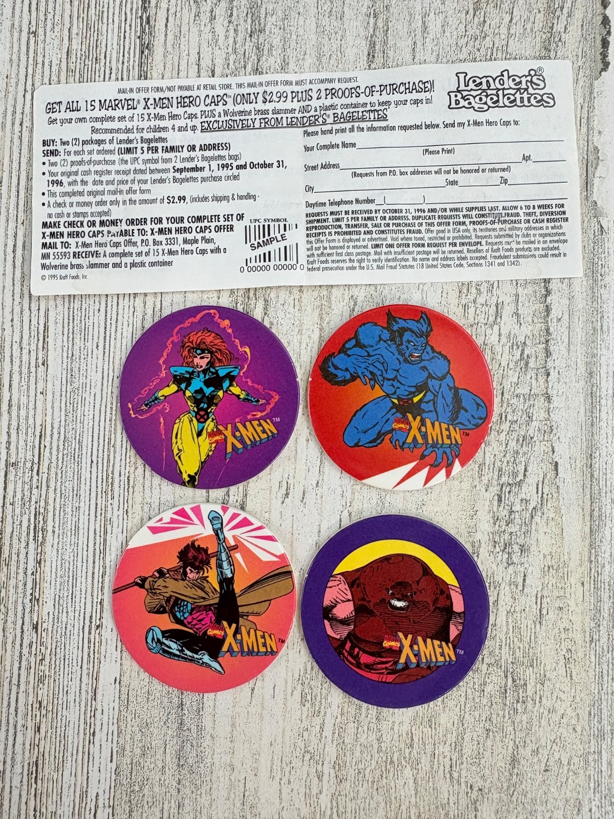 X-men Hero Caps Lot 4 Lenders Bagels Wolverine Jean Grey Beast Gambit Pog 1995