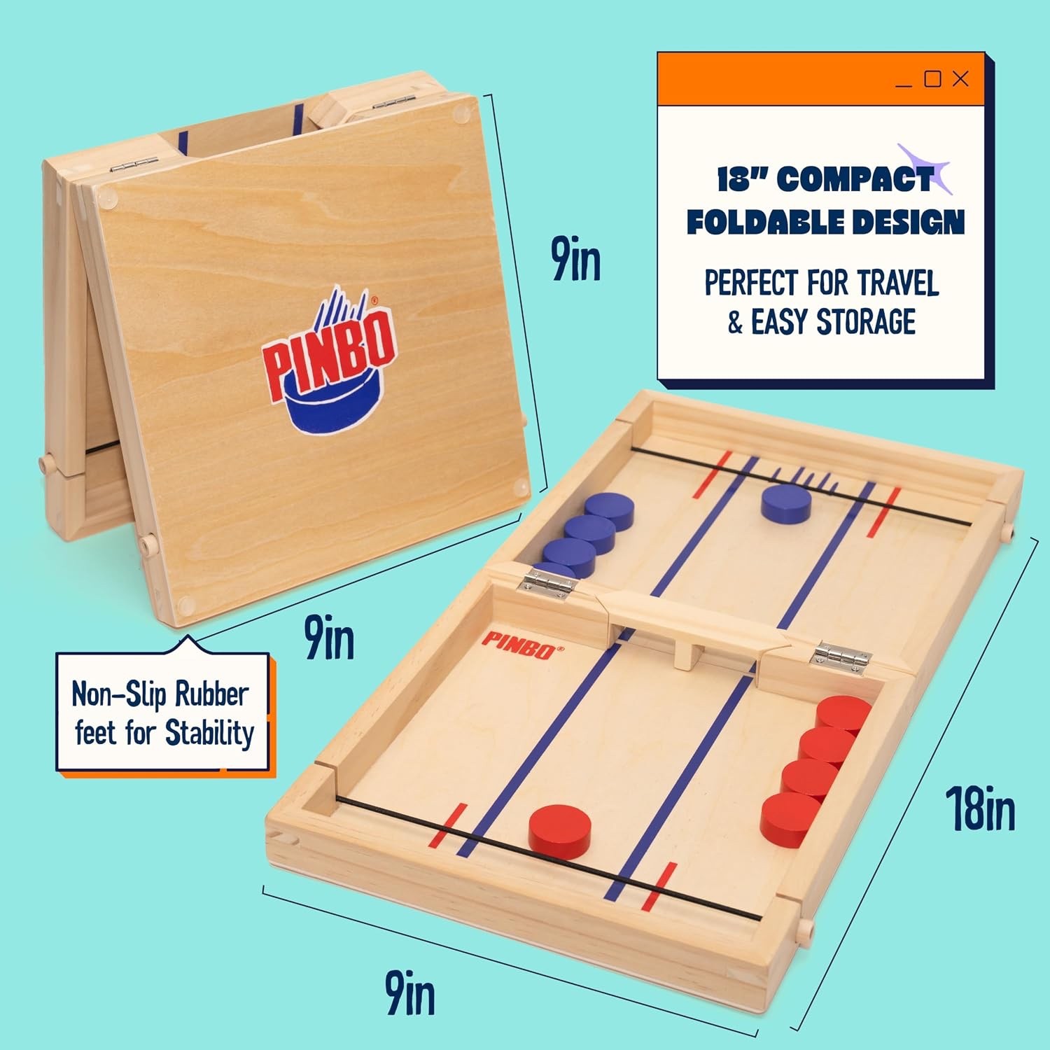 Pin Sling Puck Game Fast Sling Puck 18” x 9” Table Wood Board Game Foldable