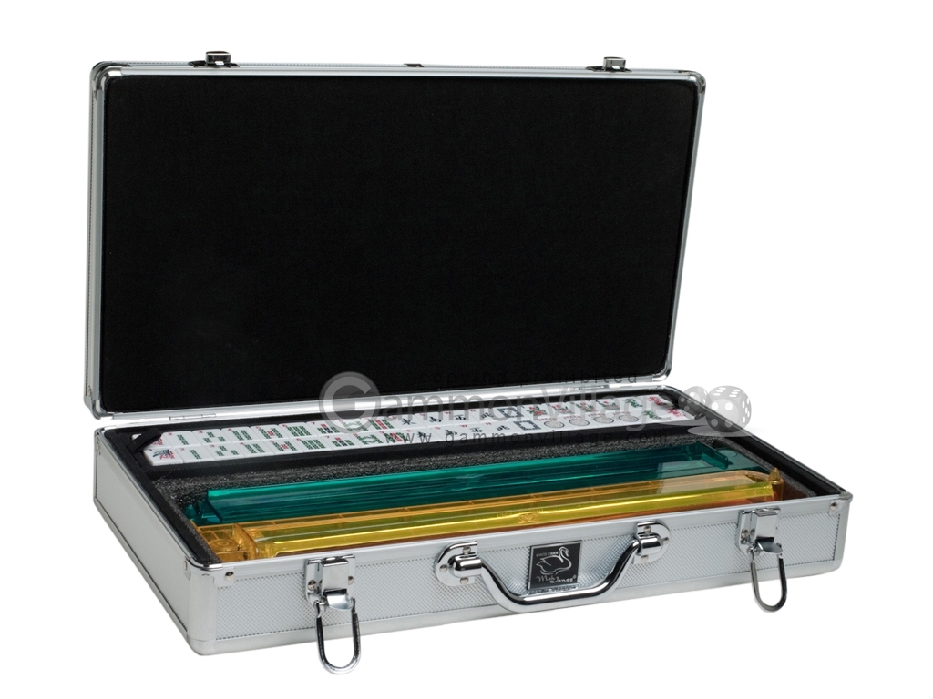 American Mahjong Set – White/Blue Tiles, All-in-One Pusher, Silver Aluminum Case