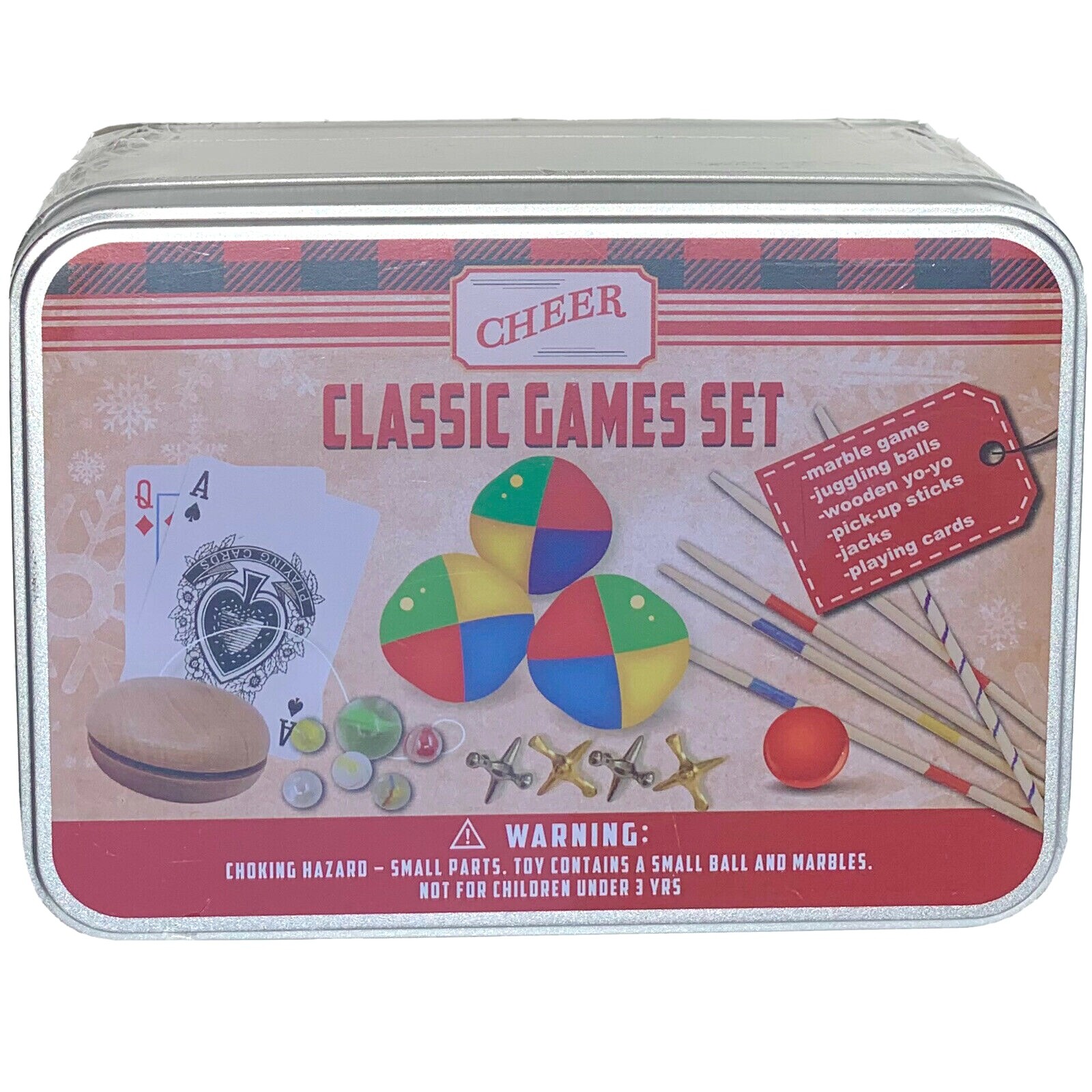Classic Games Tin Case toy gift -marbles juggling yoyo jacks cards pickup sticks