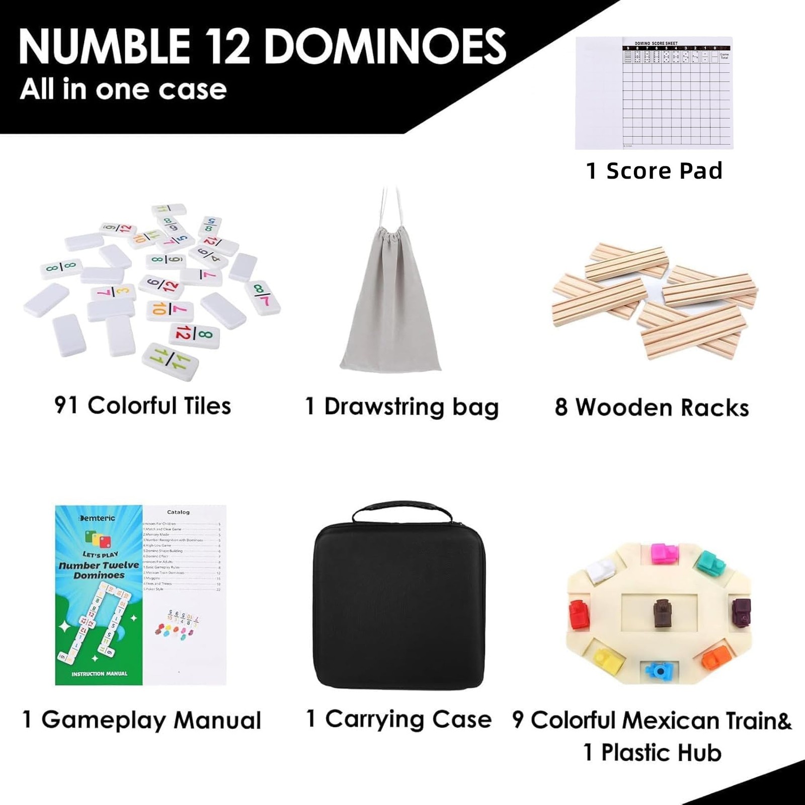 Mexican Train Dominoes Set Double 12 Colored Number 91 Tiles 8 Wooden Racks
