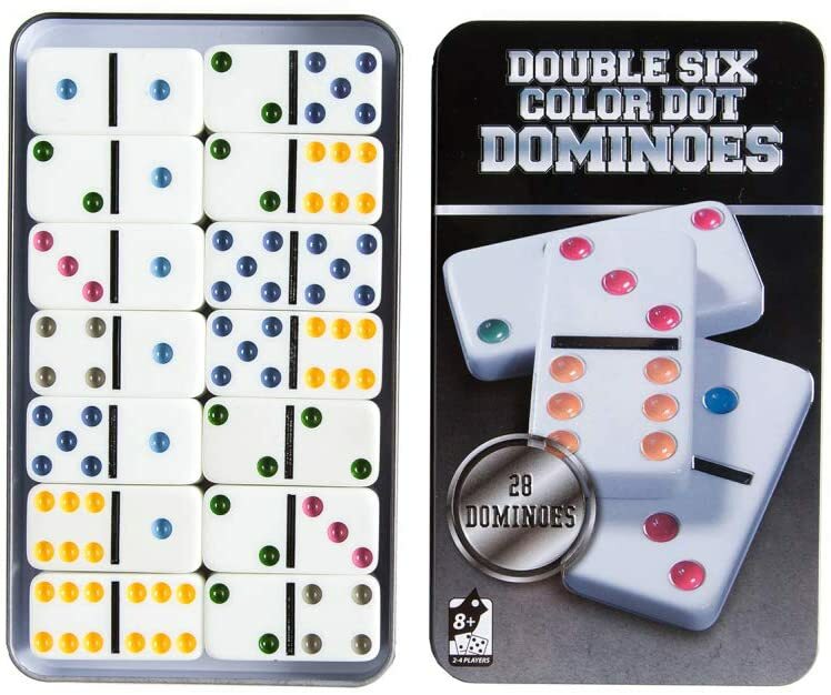 DOUBLE SIX DOMINOES DOMINO SET OF 28 Black Tiles in TIN Case COLOR DOTS