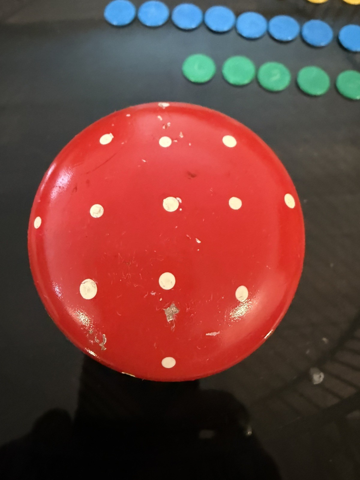 Vintage Wooden Mushroom Container with Tiddlywinks Game Inside.