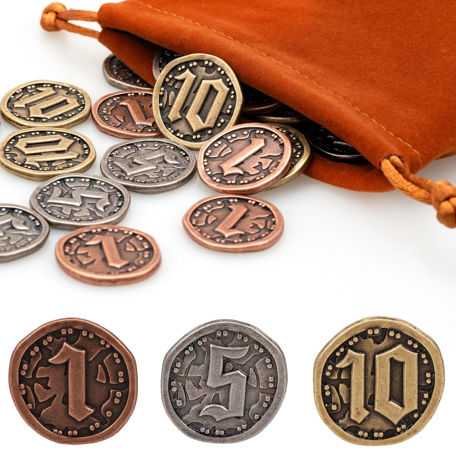 v2croft 30 PCS Metal Coins for Board 0.8 Inch, 30 Pcs (Face Value 1, 5, 10)
