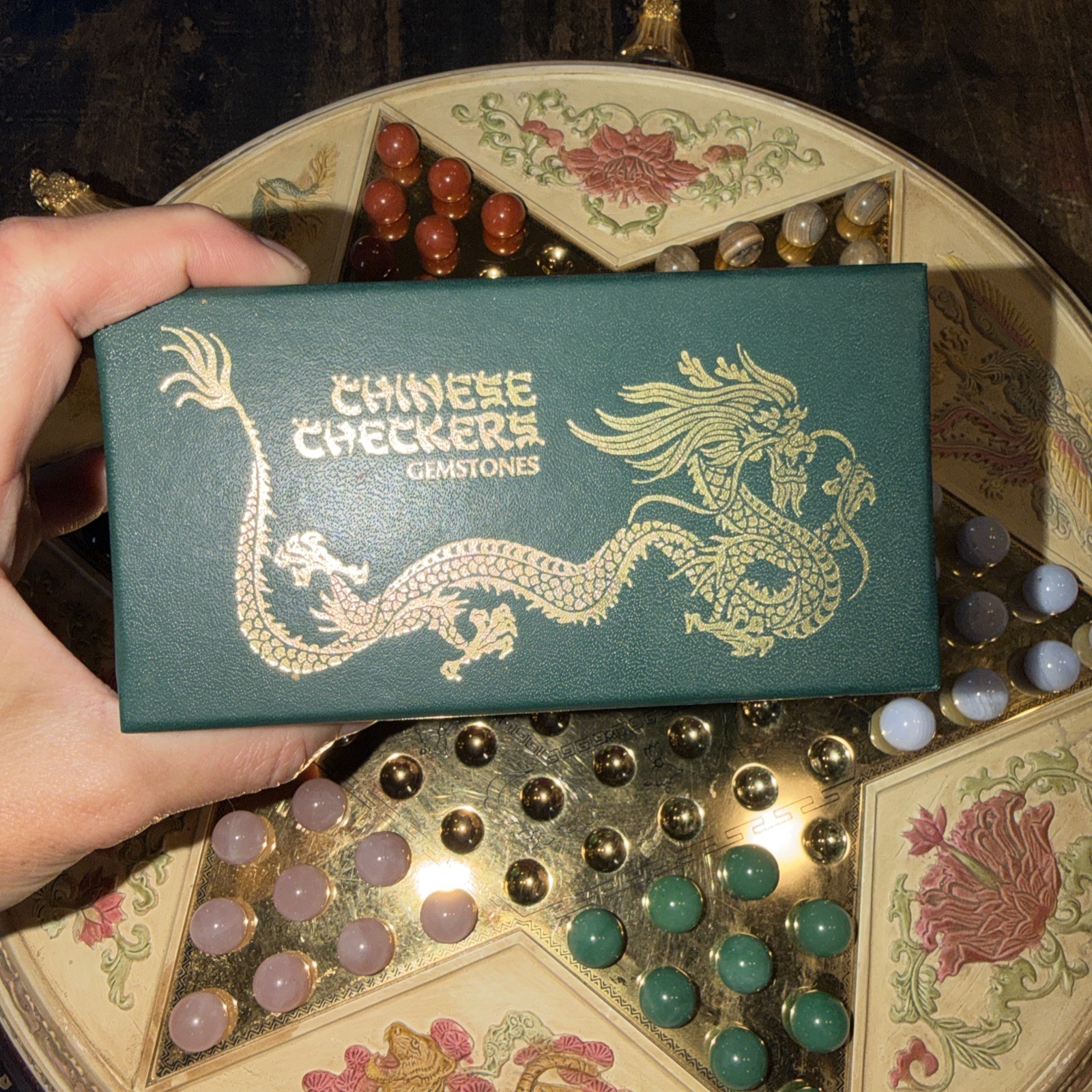 Vintage Franklin Mint Chinese Checkers Dragon Game With Semiprecious Gemstones