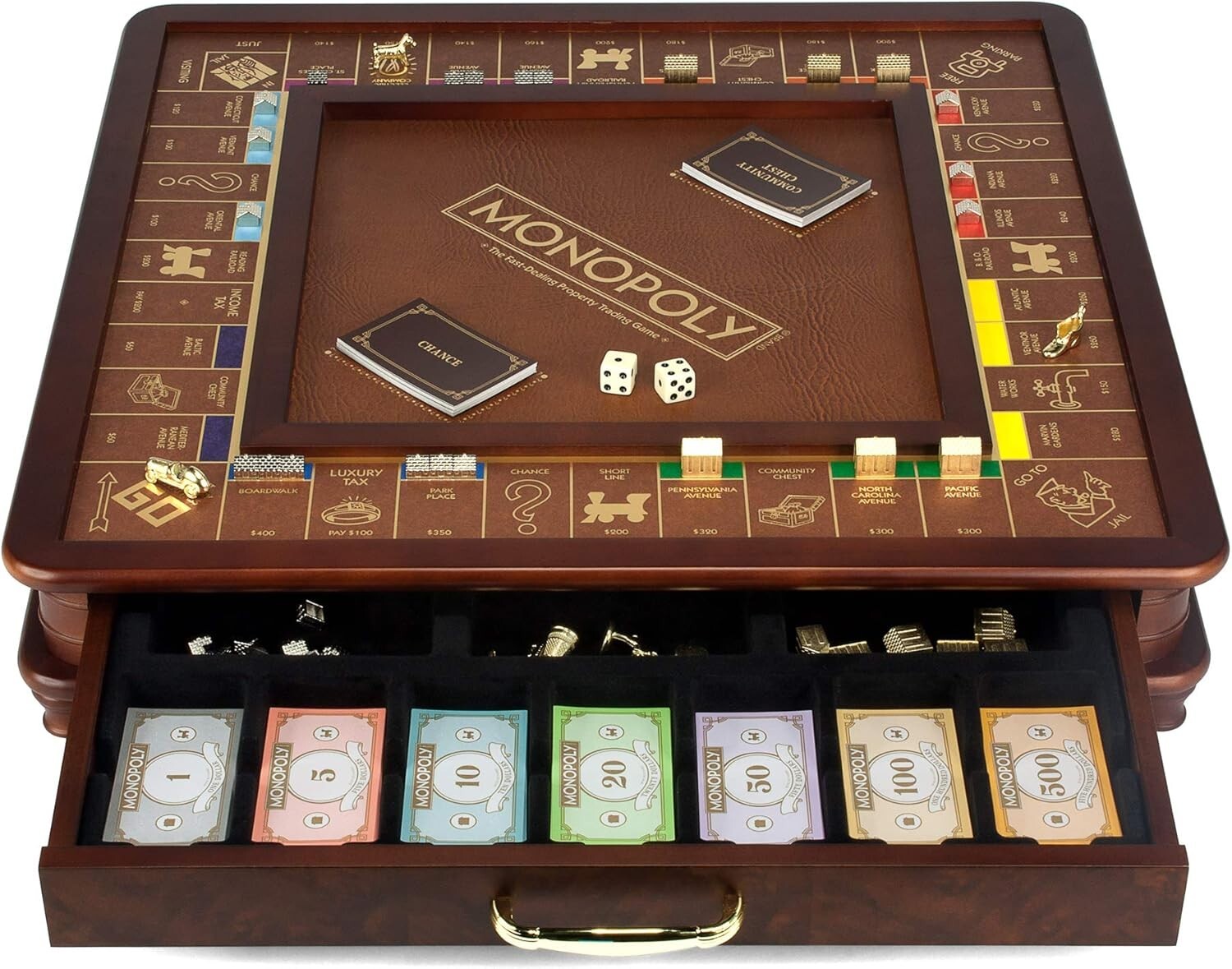 Monopoly Luxury Edition with Burl Finished Wood Cabinet