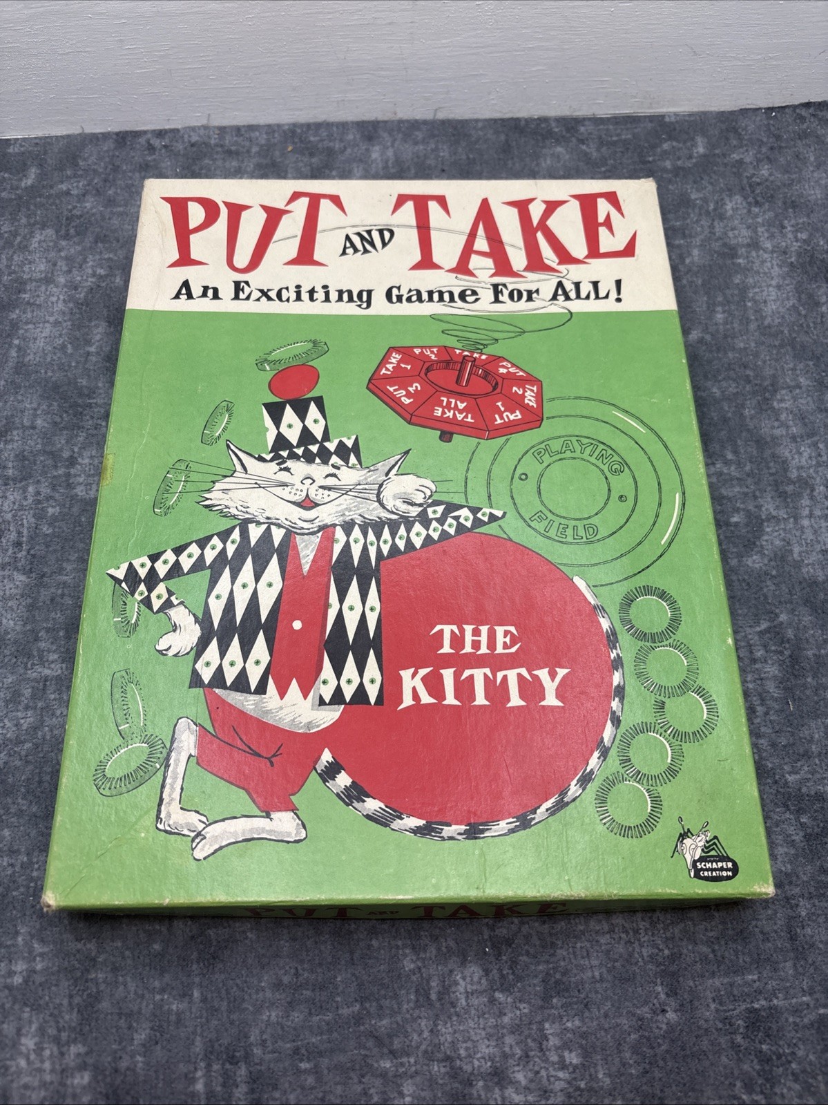 1956 Schaper “Put and Take – The Kitty” Board Game Complete Spinner & Chips VTG