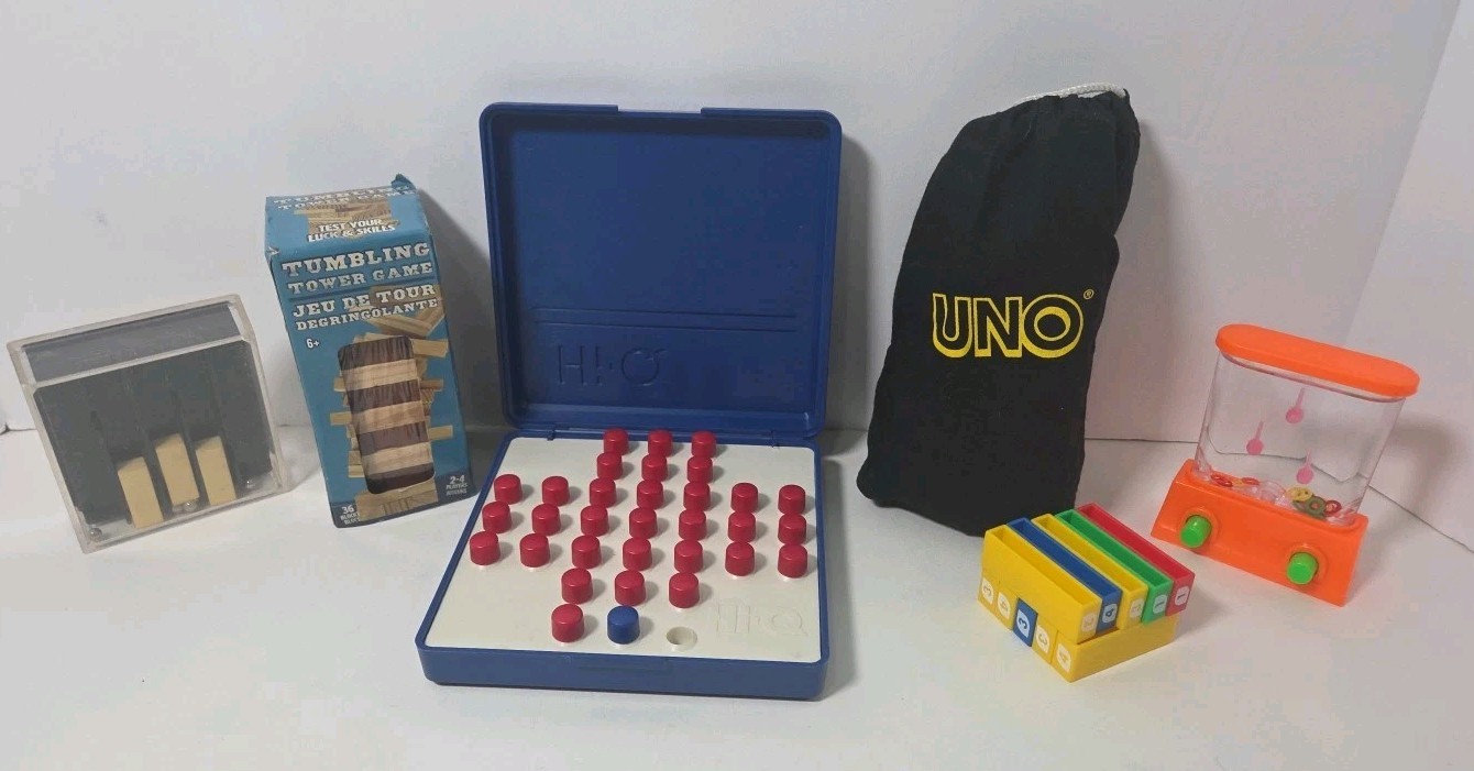 Lot of 5 Travel Size Games UNO, Hi-Q, Tumbling Tower & More Portable Games