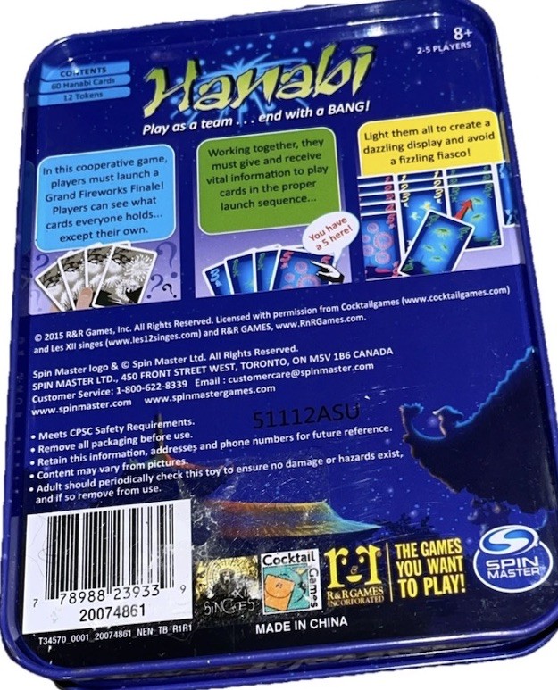 Hanabi Strategy Card Game Travel Tin Case Spin Master Complete! Mint Condition!
