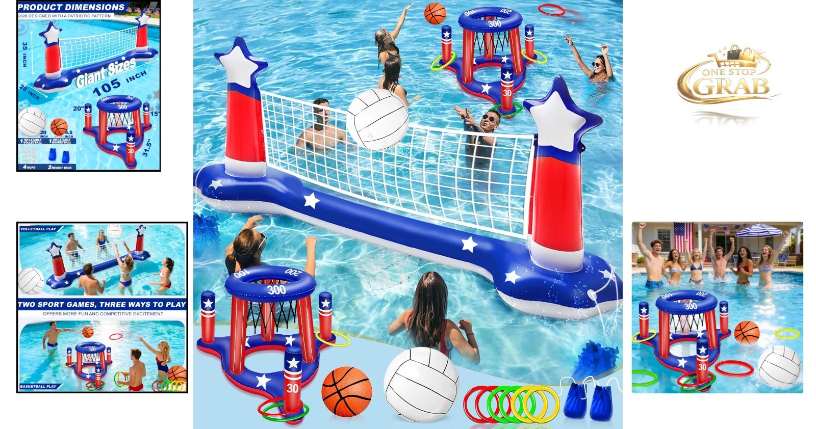 4th of July Pool Games Set Inflatable Water Sport Toys Patriotic 3-in-1 Large