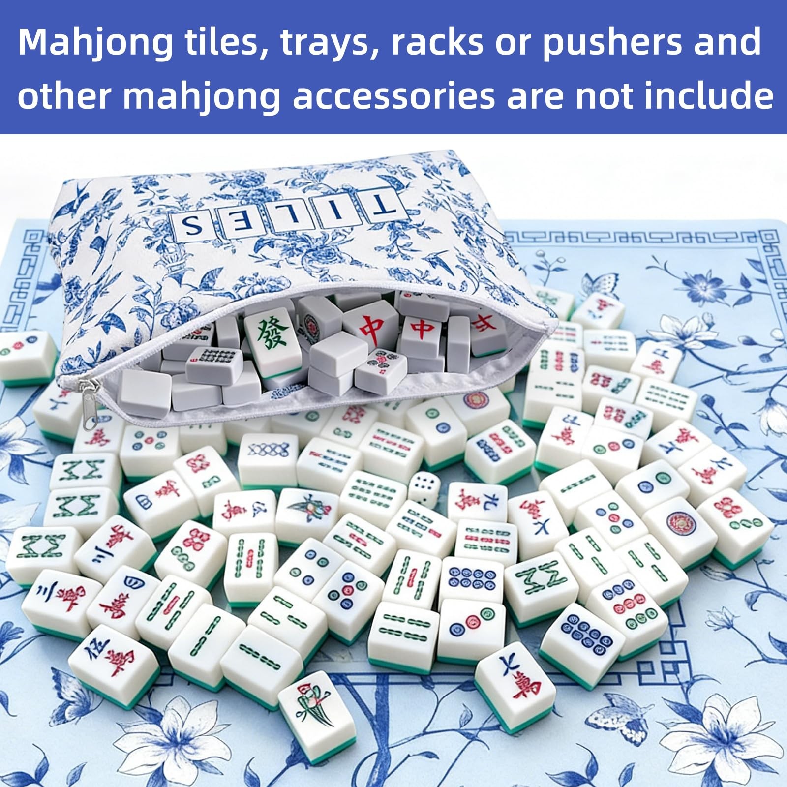 4 Pcs Empty Mahjong Bags Set Mahjong Tile Bag with Handle Thickened Blue Prin…