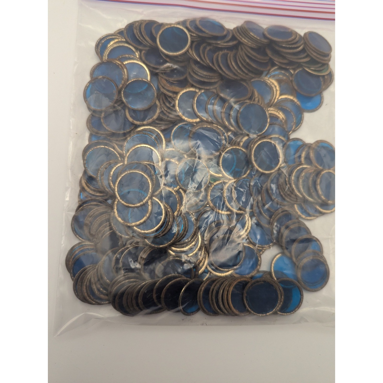 Vintage Bingo Markers Metal Rims Bulk Lot 6.5 oz Round Blue Green Plastic Center