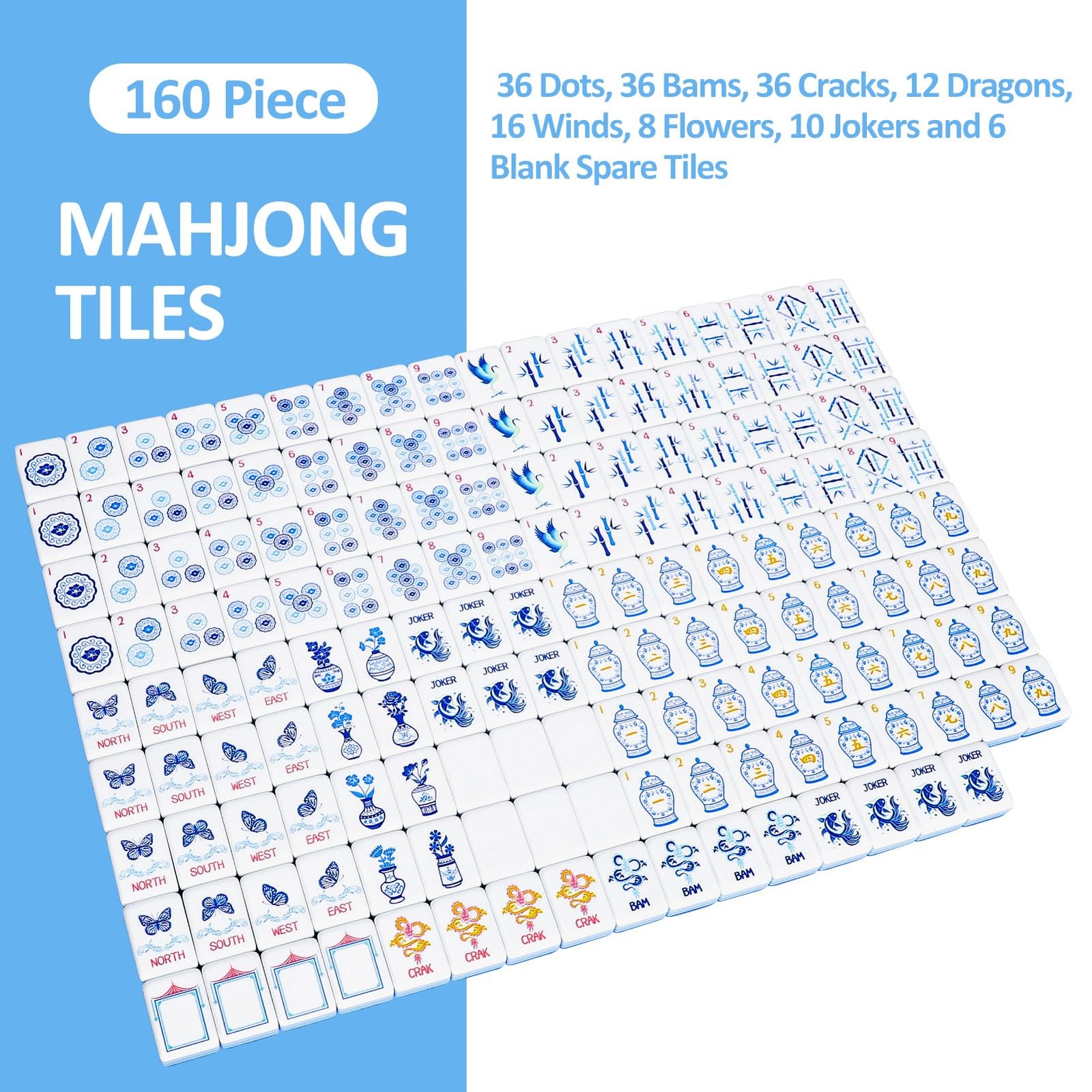 Light Blue American Mahjong Tile Set 160 Engraved Tiles W/ Bag Accessories 1.2″