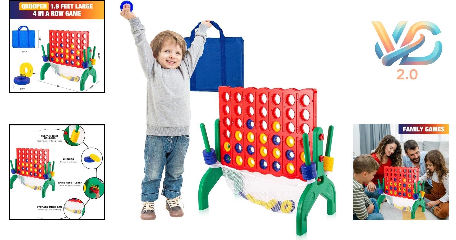 1.9 Feet Giant 4-In-A-Row Game Set for Kids & Adults Outdoor Indoor Yard Fami…