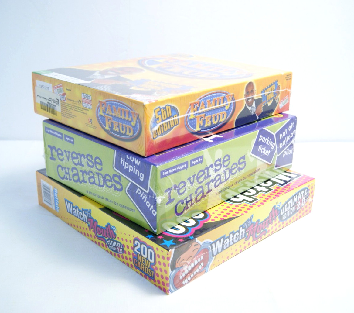 Party Game Lot (3): Watch Ya Mouth, Family Feud, Reverse Charades New Sealed