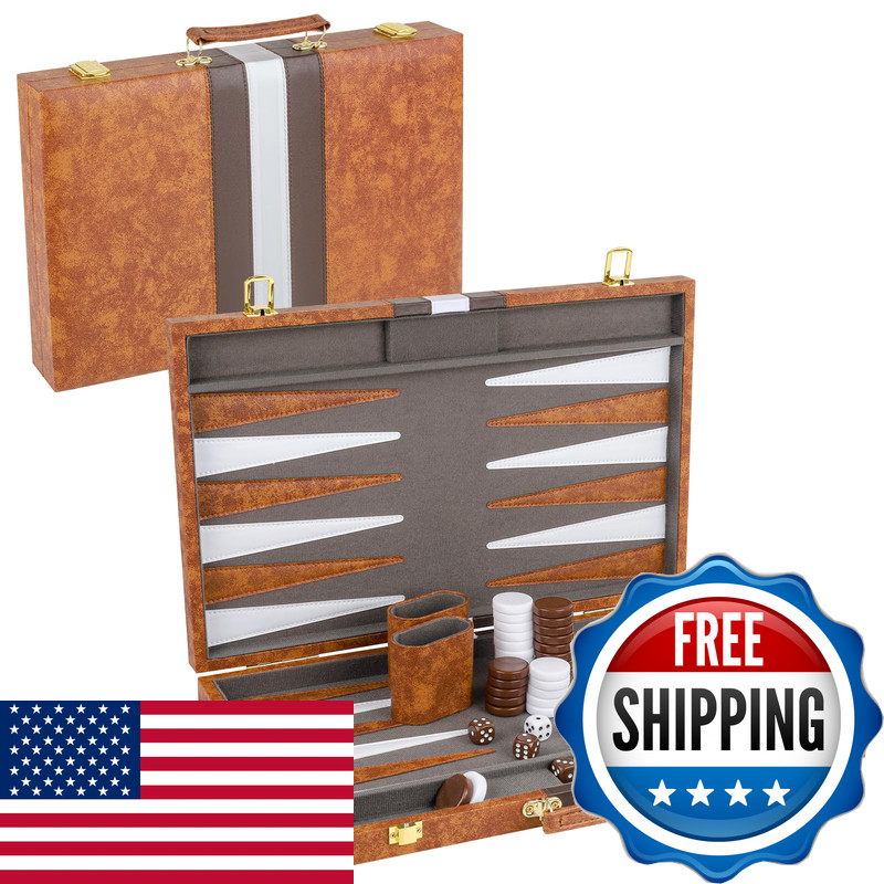 Buweeo Backgammon Set 17 Inch Portable Board Game Pu Leather Case For Adults