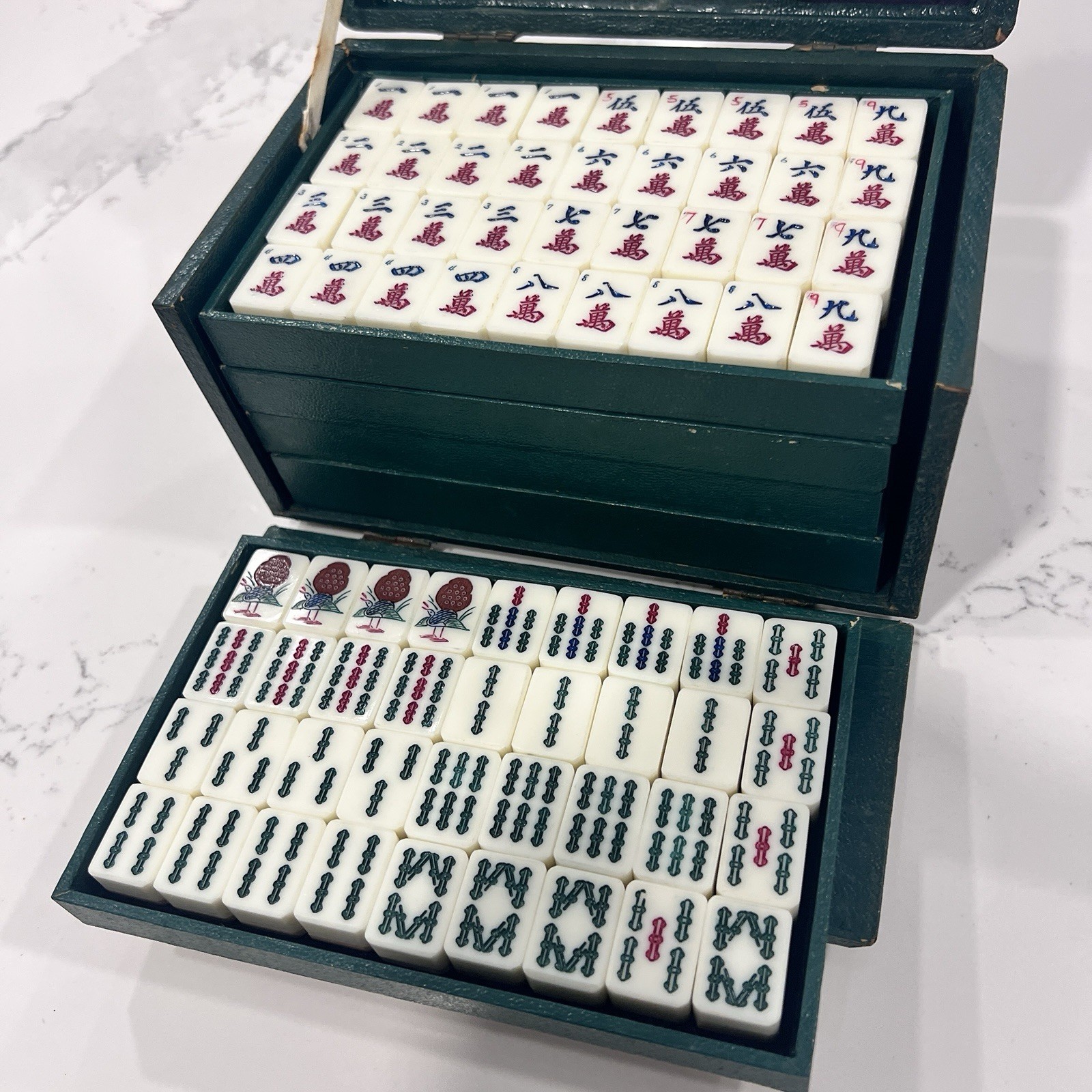 Vintage Chinese Mah Jongg bone and bamboo set