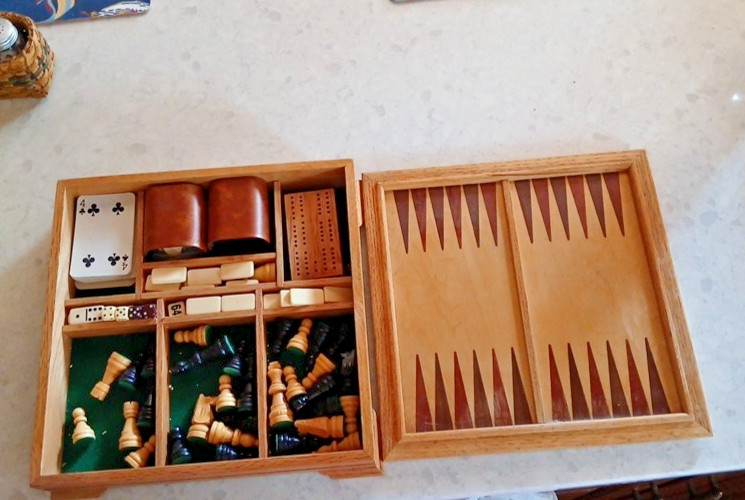 Wooden Game Box. Multiple Boards And Games. 12”x12”x3”. See Photos.