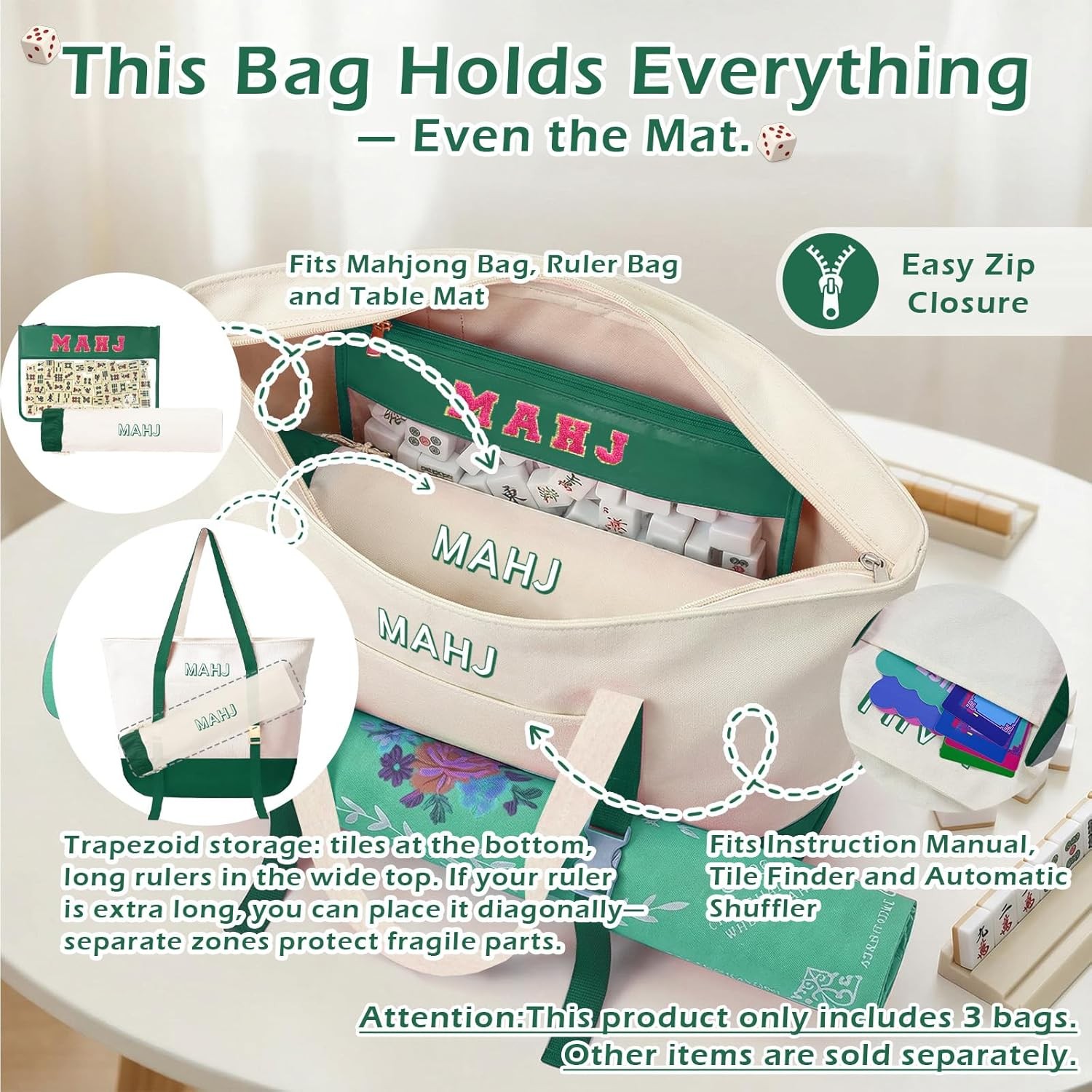 Empty Mahjong Tile Bags Set for American Tiles and Racks,Canvas Tote Bag with Ma