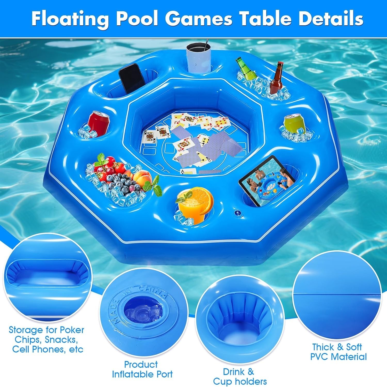 Lanathel Octagonal Inflatable Game Table with Waterproof Cards for Pool Parties