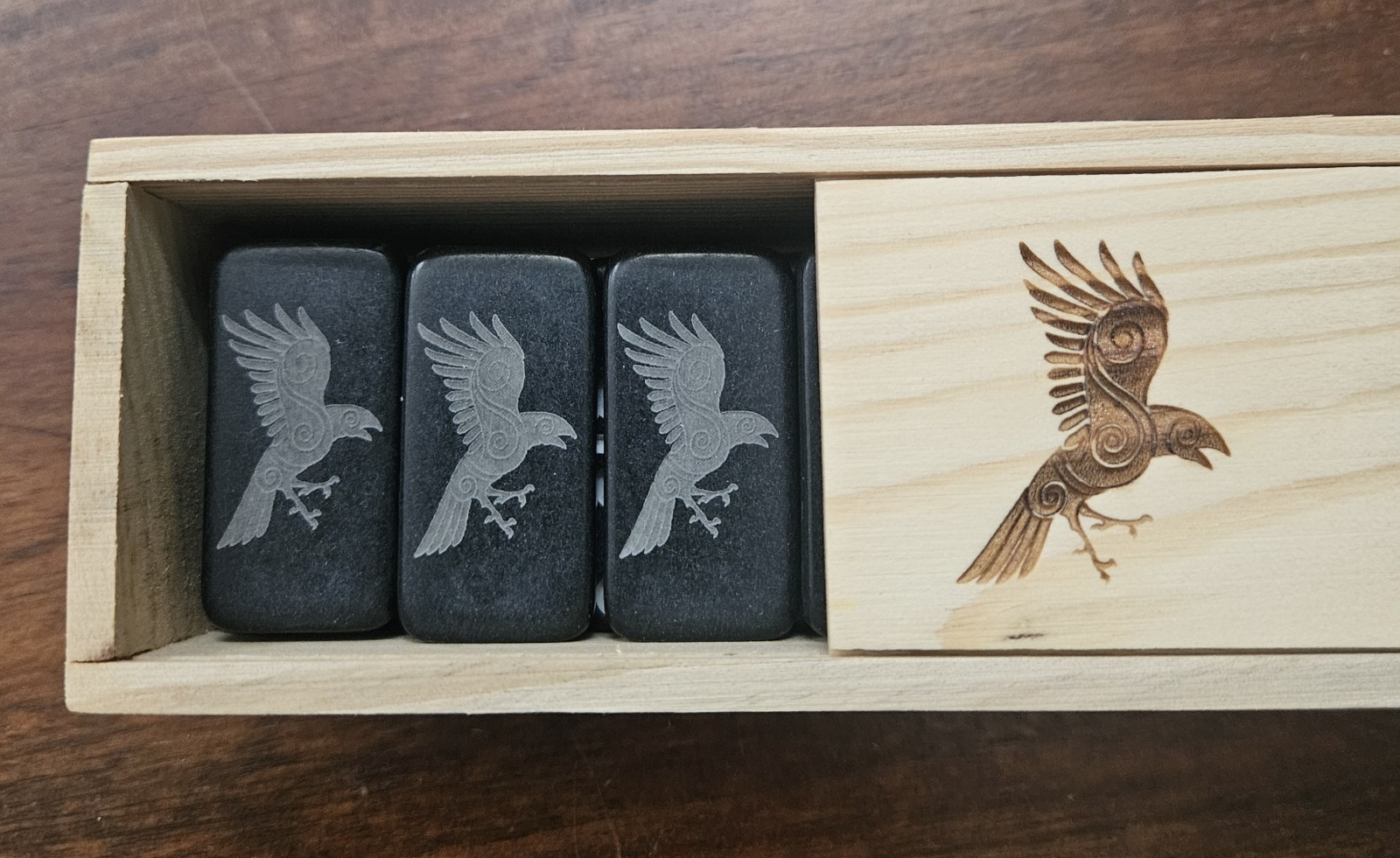 Double 6 Domino Set of CELTIC RAVEN Dominoes BLACK or IVORY