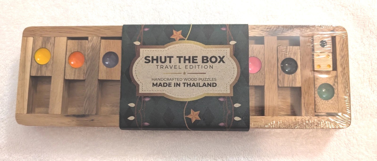 Shut The Box Wooden Travel Edition Game Handcrafted Wood Puzzle Thailand NEW