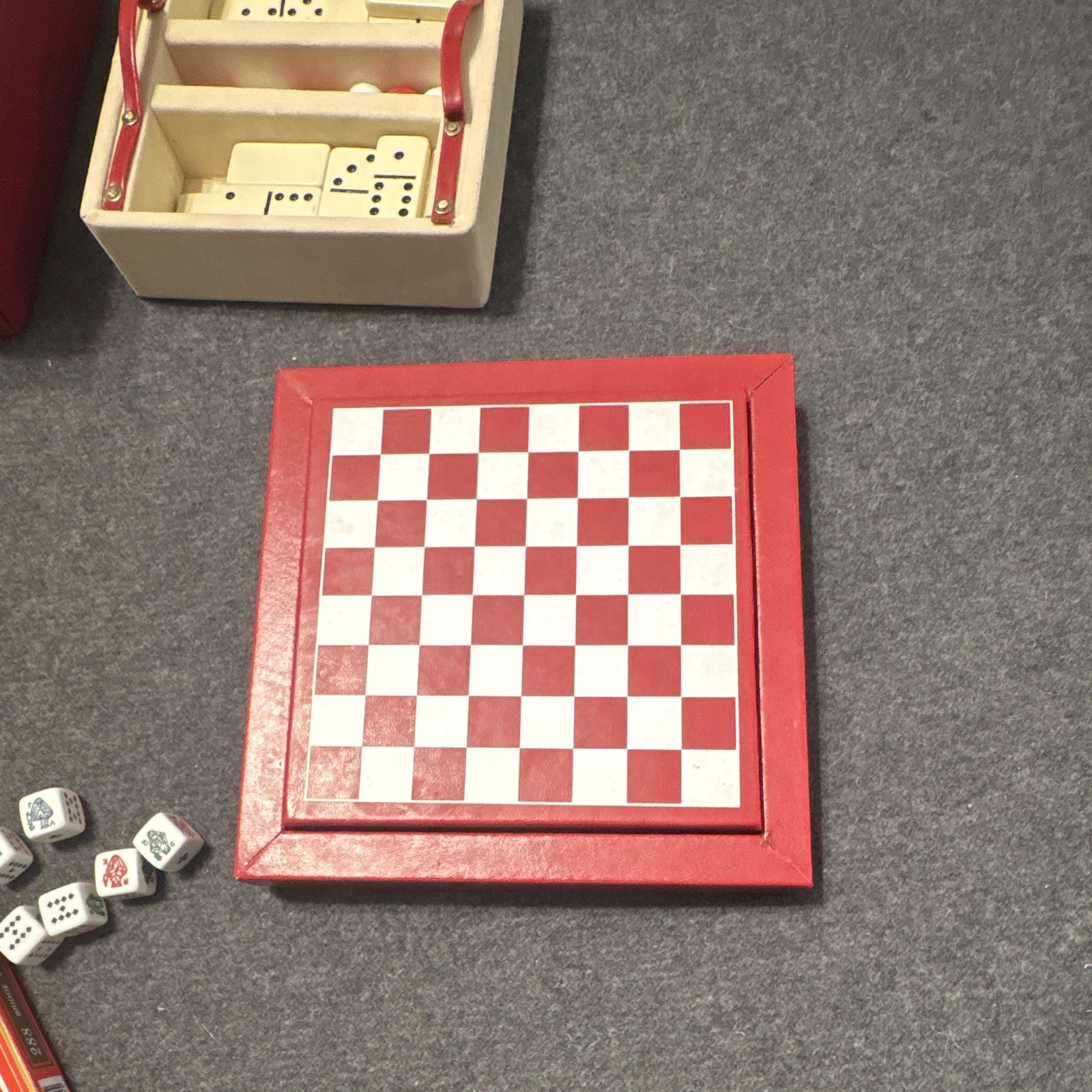 Red Dice-Shaped Travel Game Set w Board, Dominoes, Poker Chips, Cards & Dice