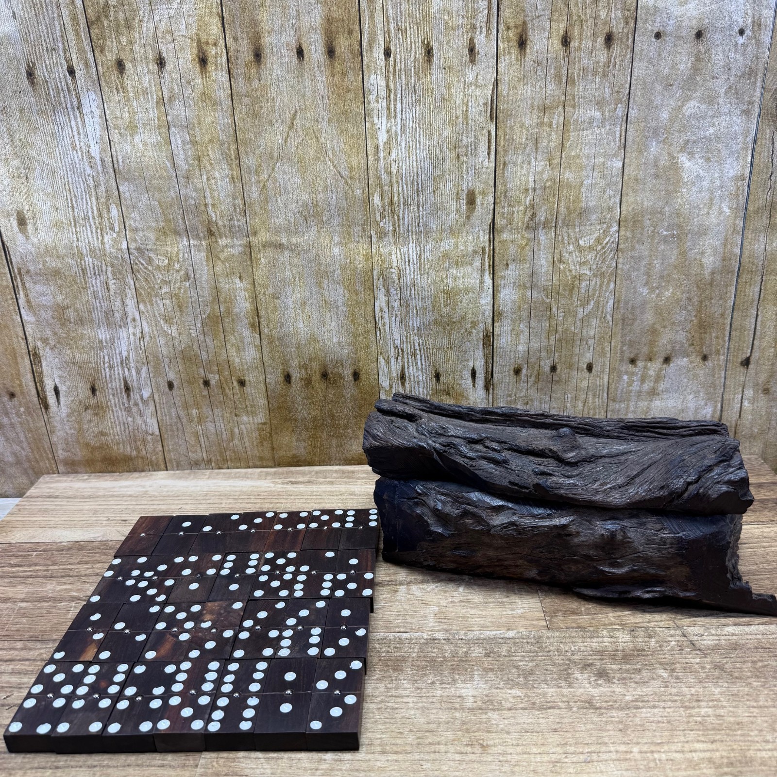 VTG Wood Hand Made Ironwood Dominos Set of 28 Tiles Rustic Log Case Complete