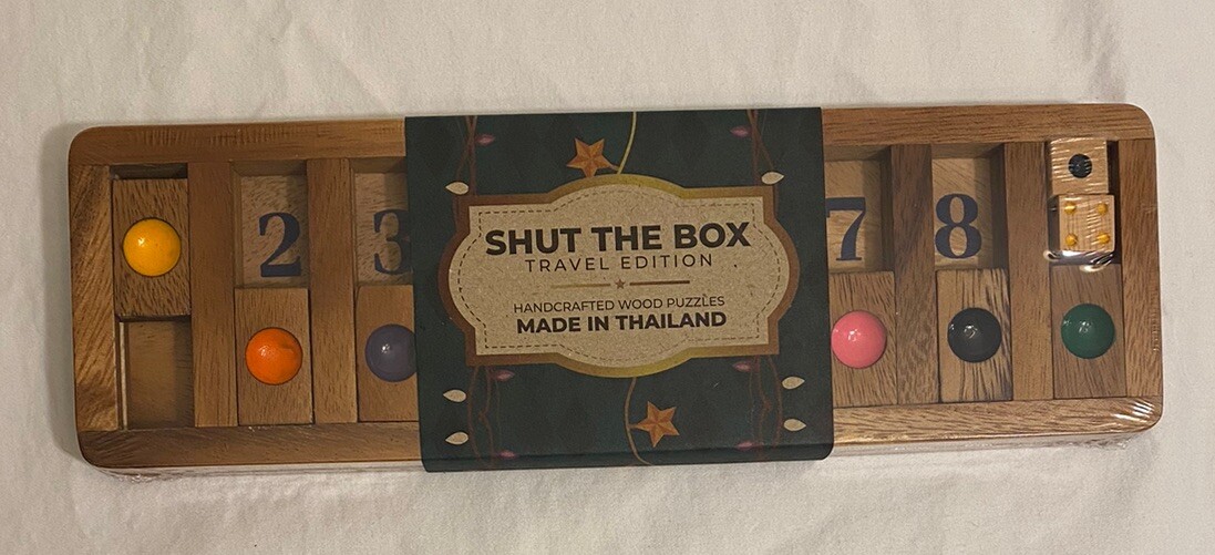 Shut The Box Wooden Travel Edition Game Handcrafted Wood Puzzle Thailand NEW