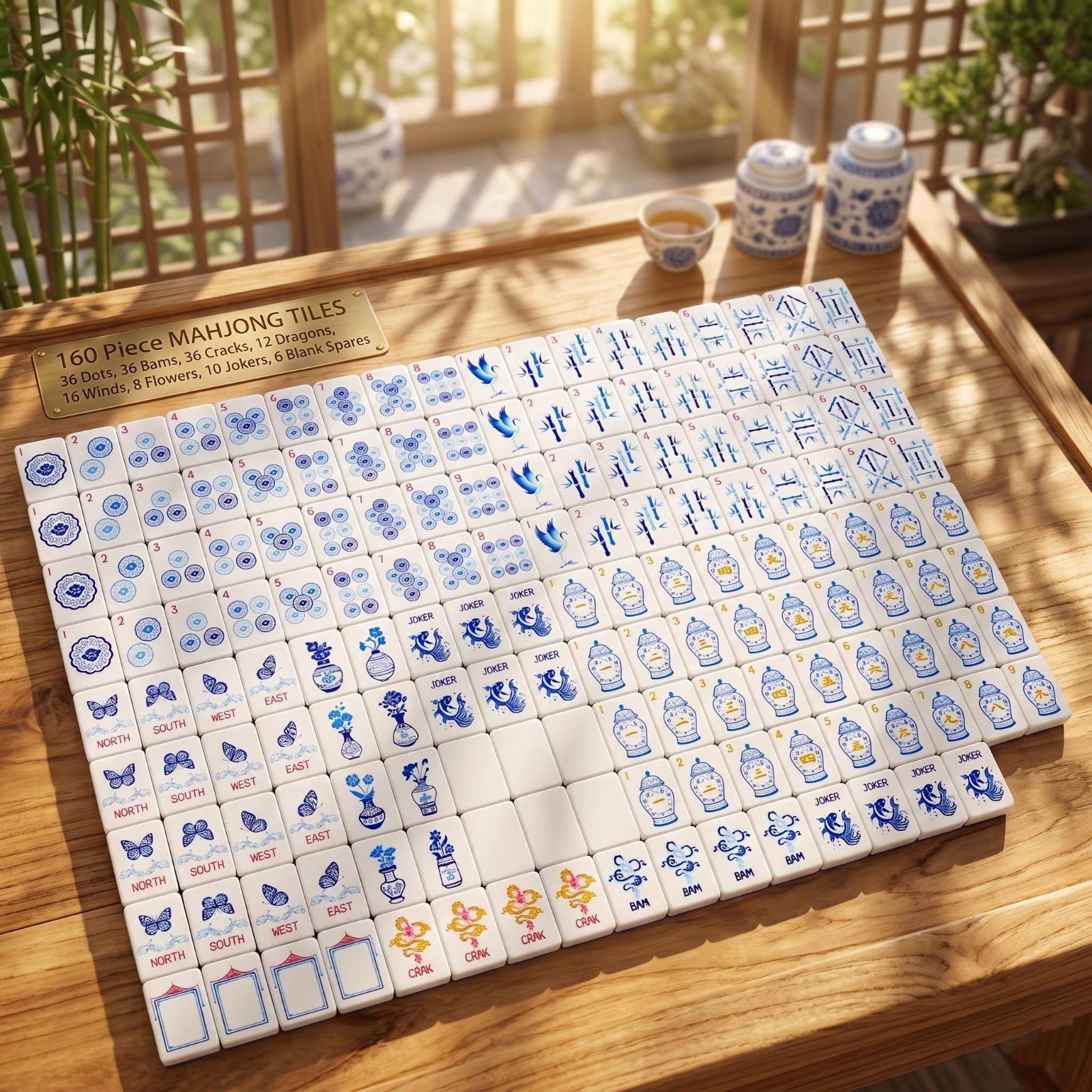 Blue and White Porcelain Chinoiserie Mahjong Tiles – 160 Acrylic Tiles