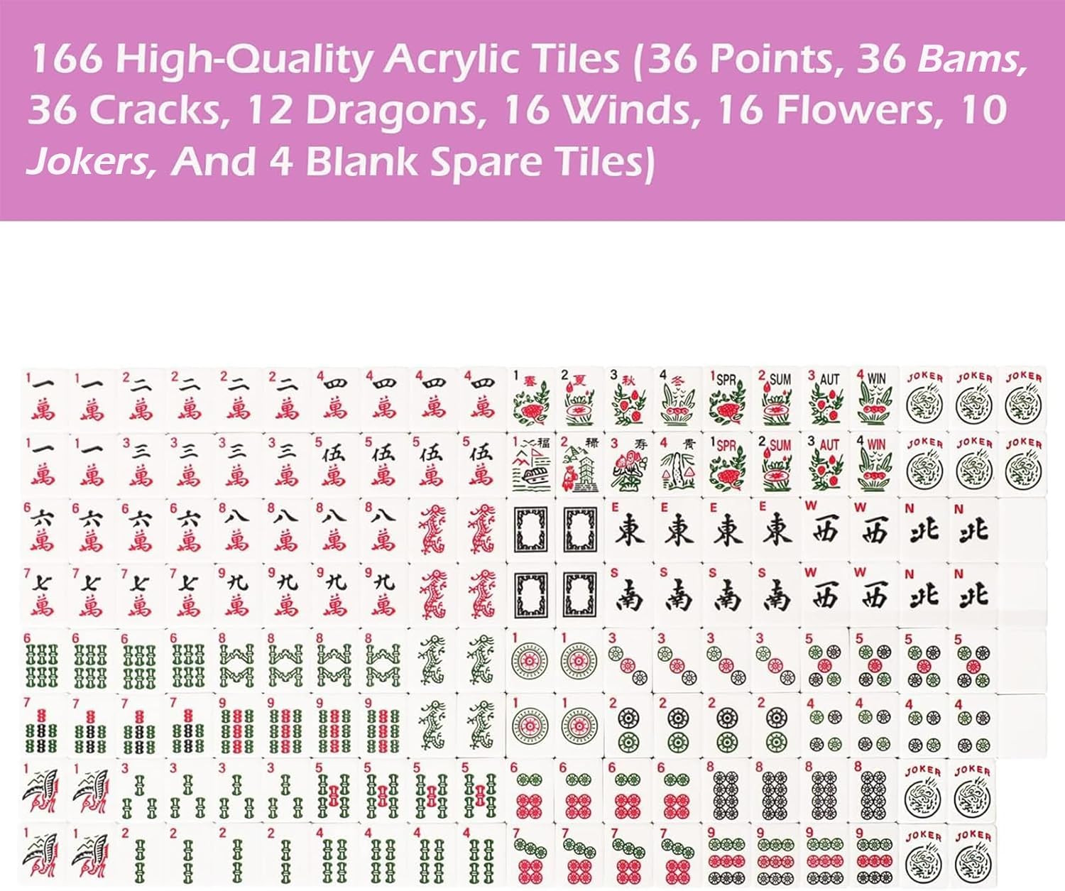 Set of American Mahjong Tiles, 166 Premium Acrylic Tiles with Colorful Prints(1.