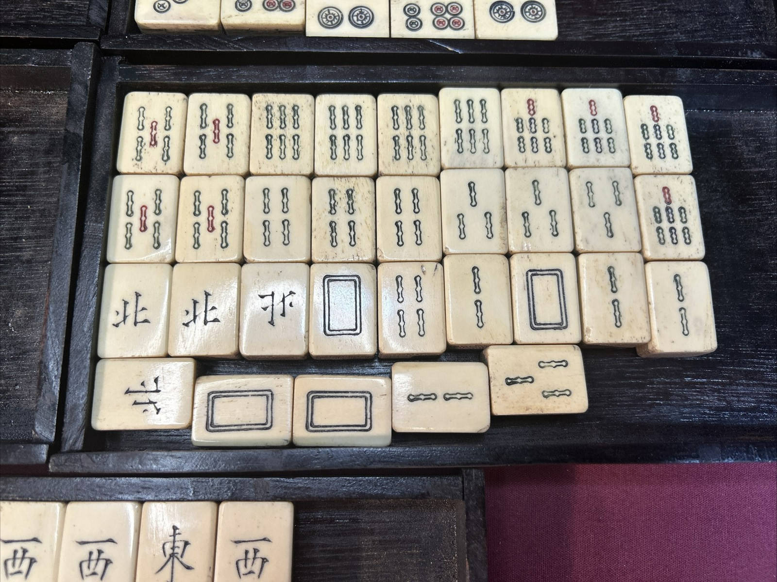 Vtg Chinese Mahjong Tiles Set w Characters Inlay Drawers Box Chest