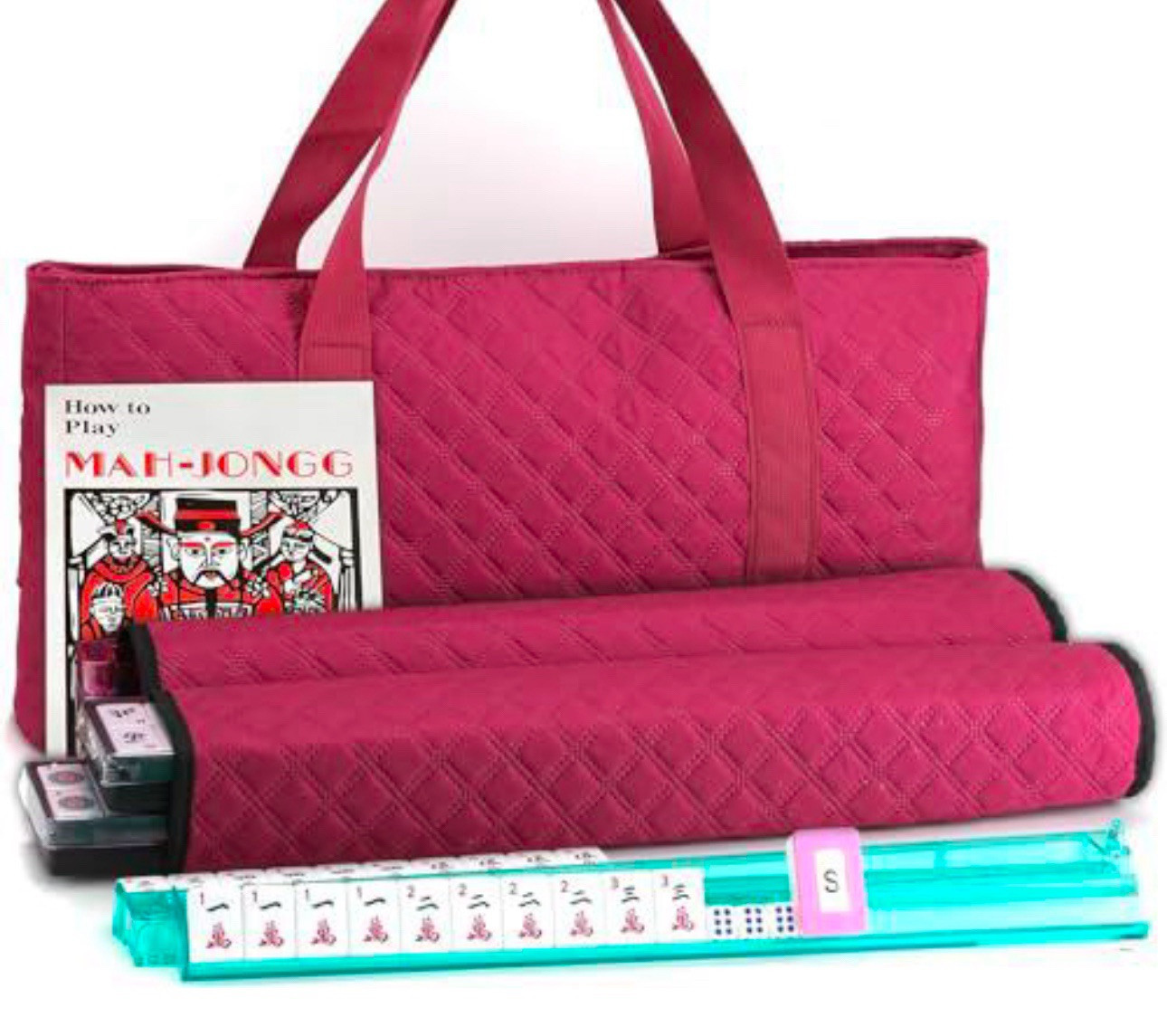 American Mahjong Set 166 Tiles Red Burgundy Quilted Bag 4 Color Pushers/Racks