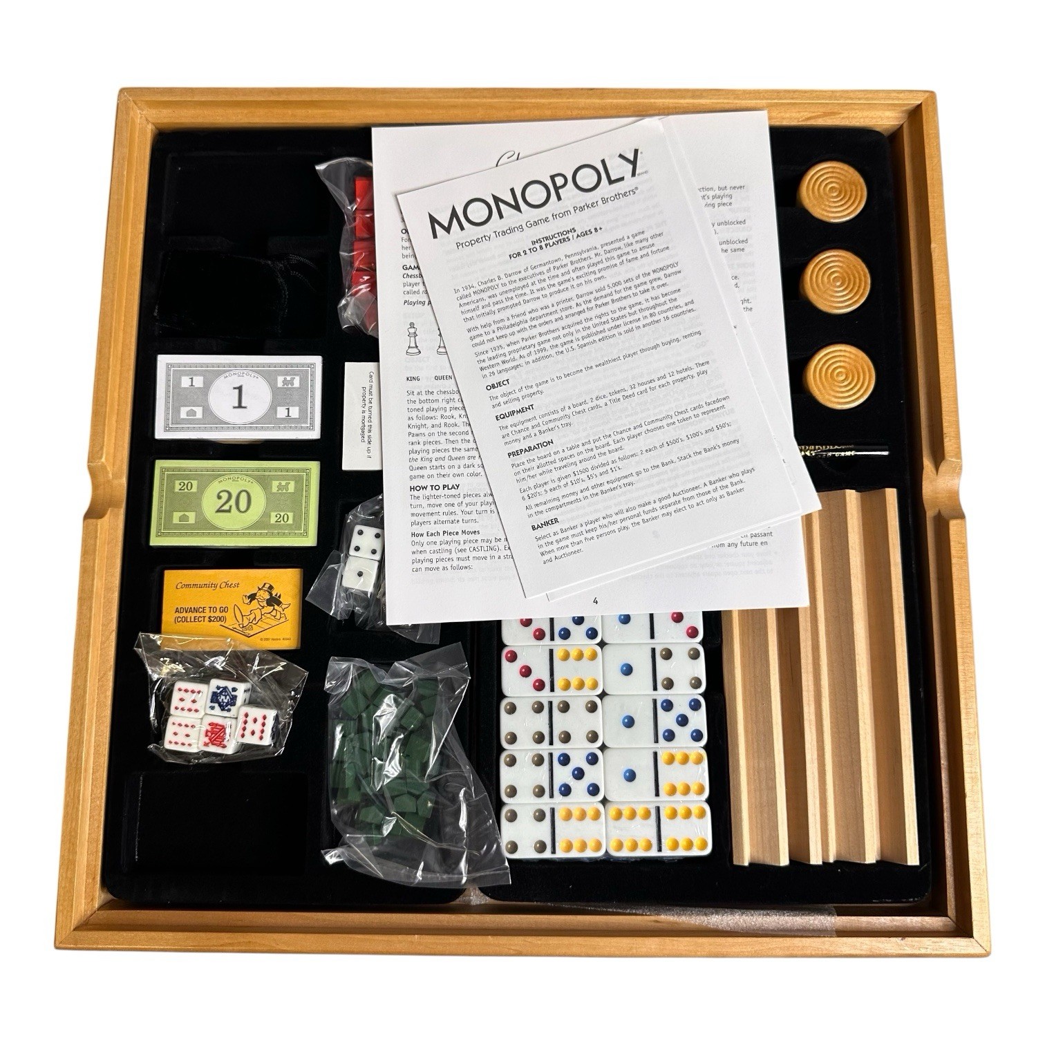 Monopoly Scrabble and 4 Classic Games Solid Wood Cabinet 2007 Parker Brothers